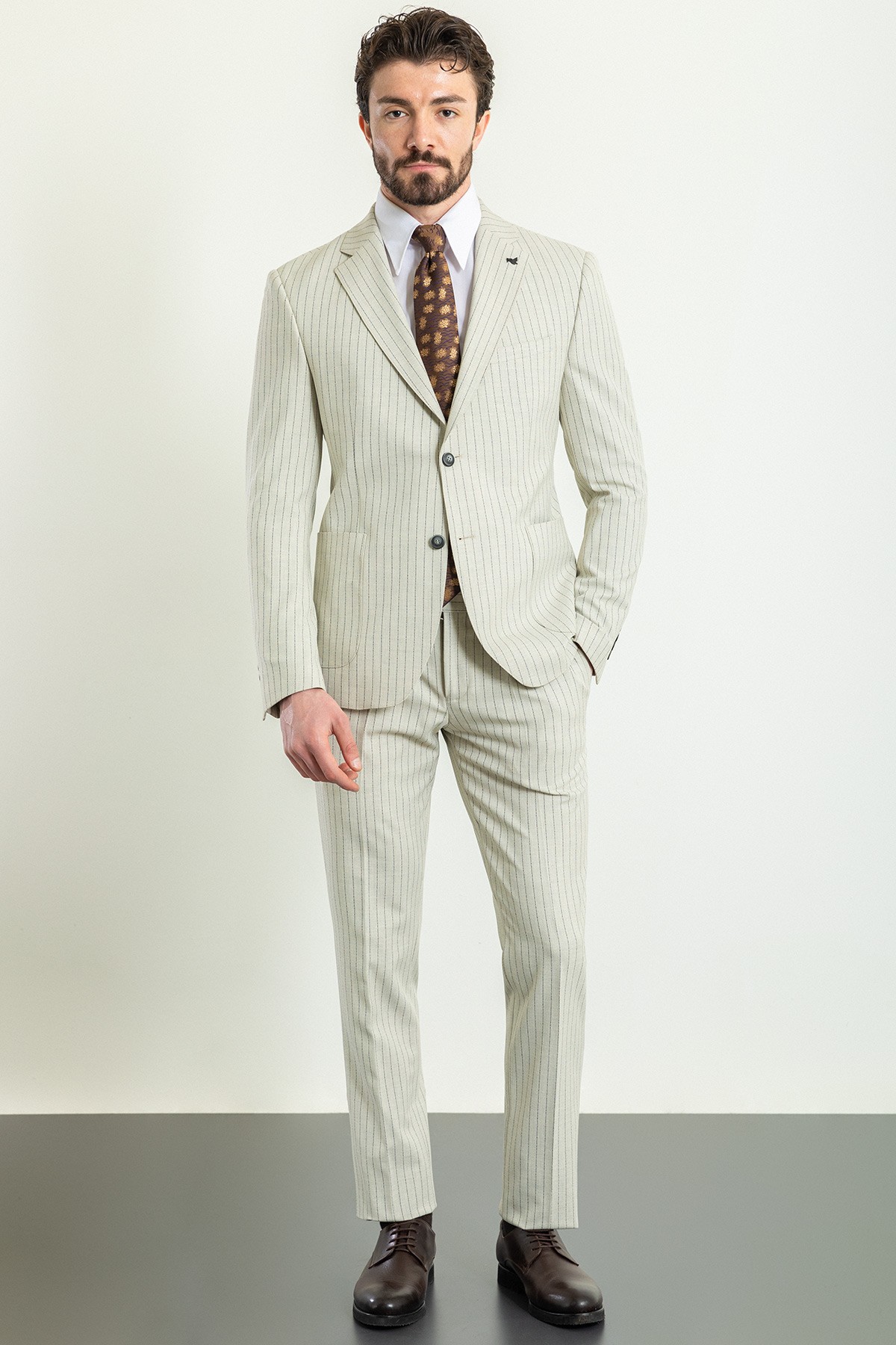 Çizgili Slim Fit Geniş Yaka Keten Erkek Takım Elbise