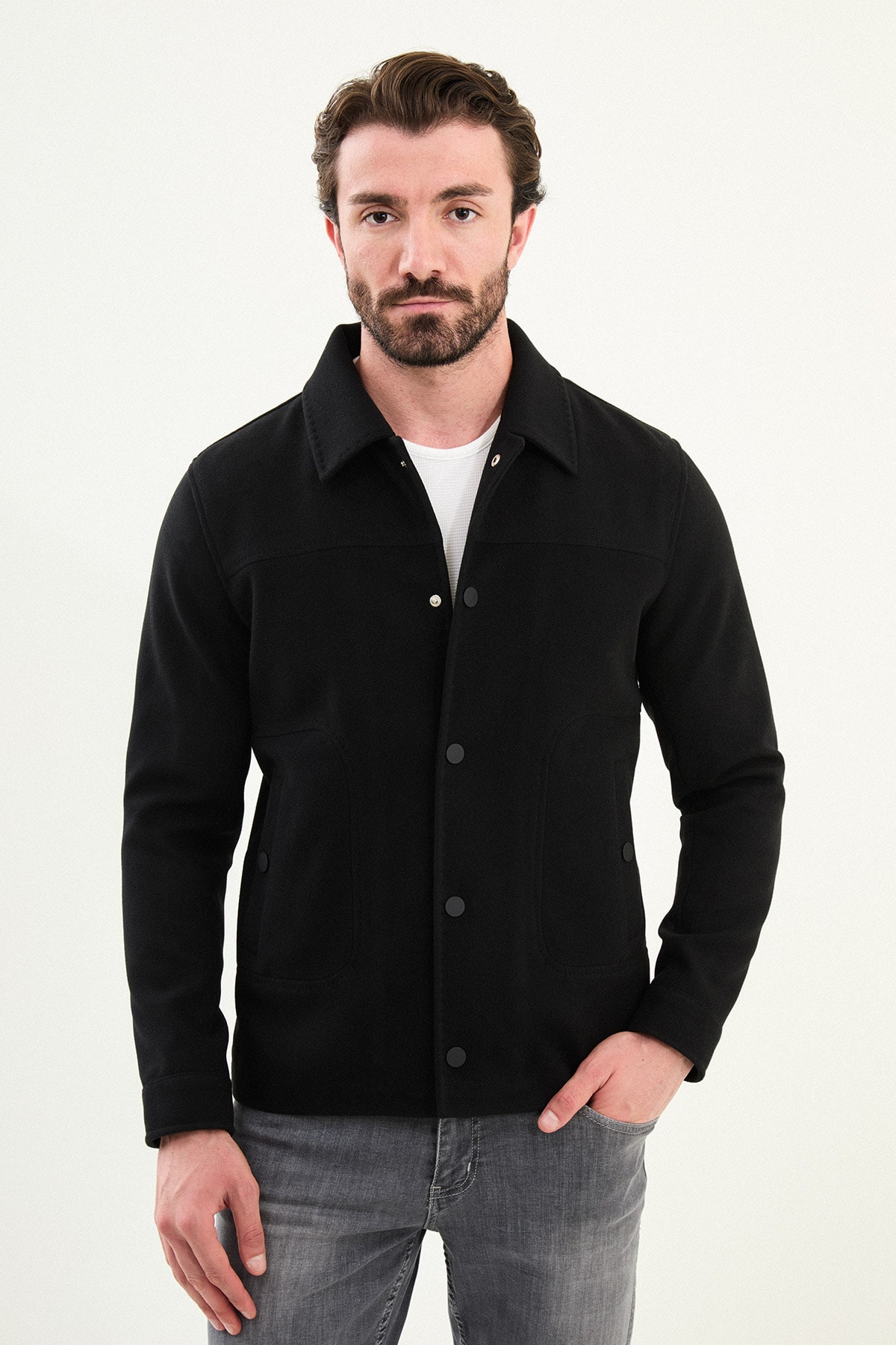 Düz Slim Fit Gömlek Yaka Çıtçıtlı Kaşe Erkek Mont