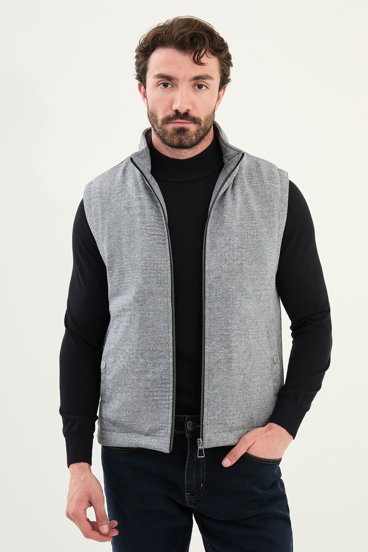 Kırçıllı Slim Fit Dik Yaka Erkek Yelek - Lacivert