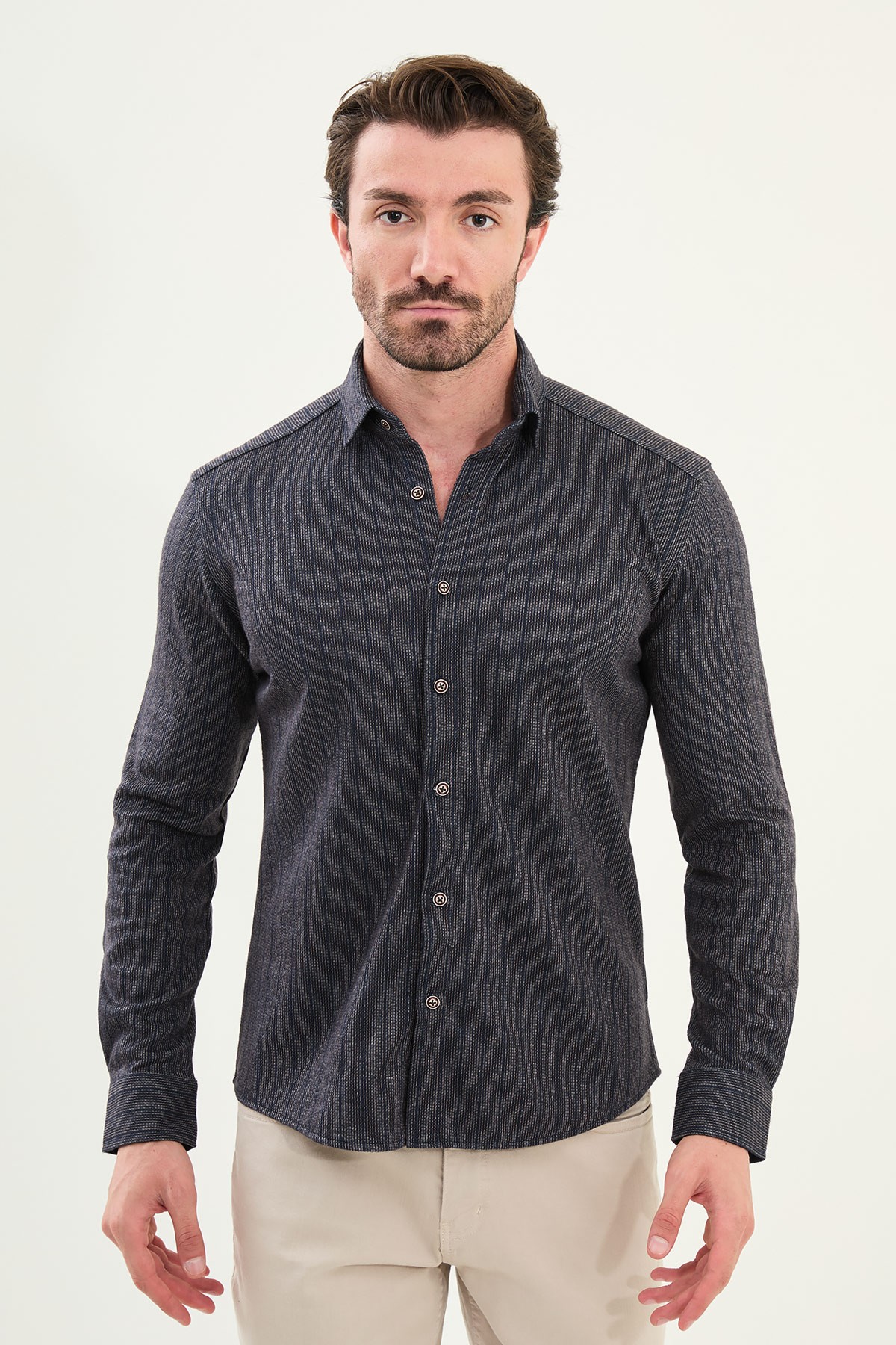 Çizgili Slim Fit Uzun Kollu Oduncu Yün Erkek Gömlek - Lacivert-Kamel