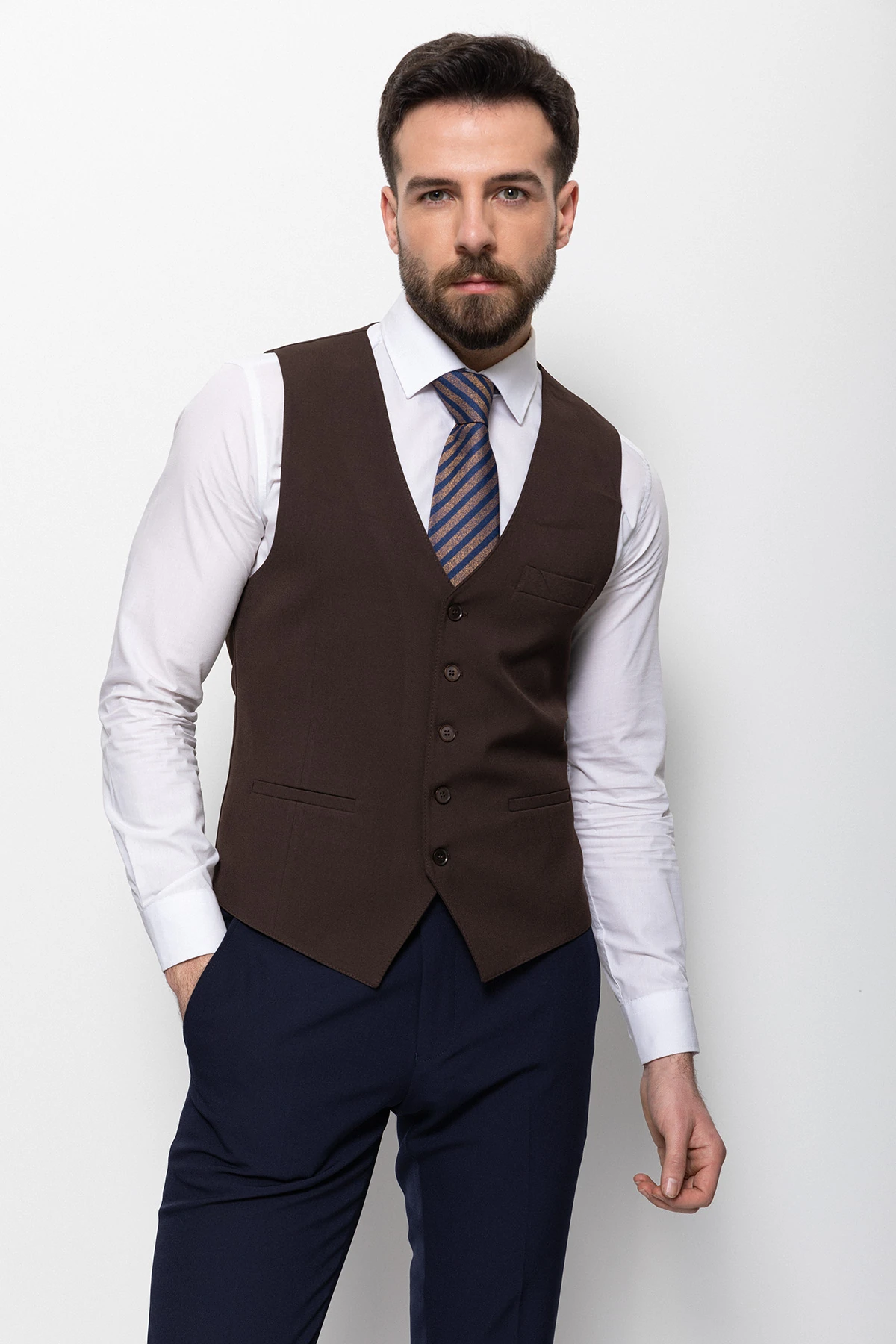 Düz Slim Fit Klasik Erkek Yelek - Kahverengi