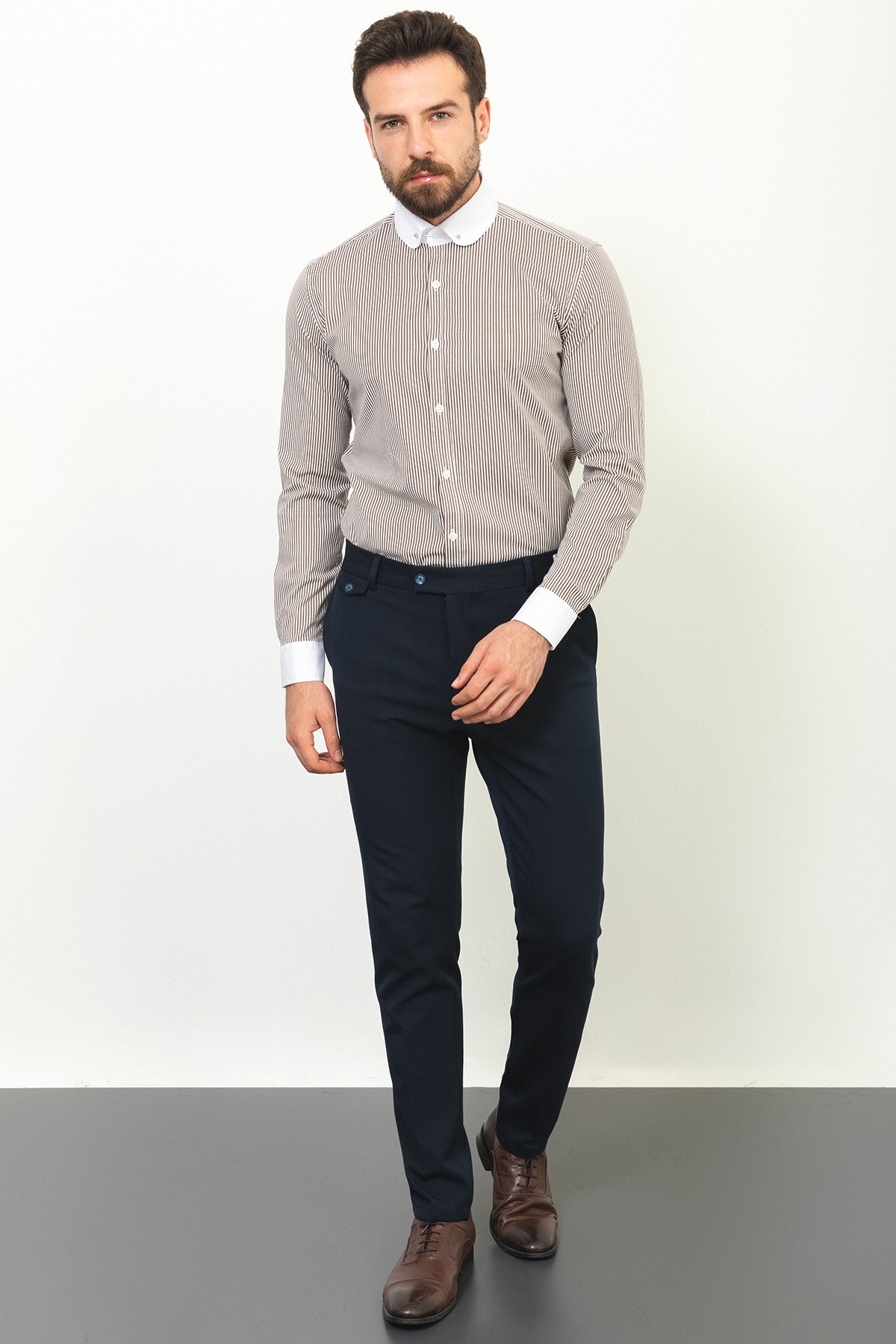 Çizgili Slim Fit Bebe Yaka Klasik Erkek Gömlek