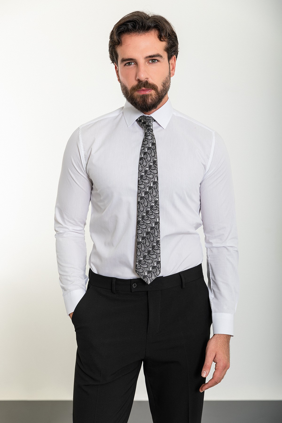 Düz Slim Fit Polikort Yaka Klasik Erkek Gömlek - Beyaz