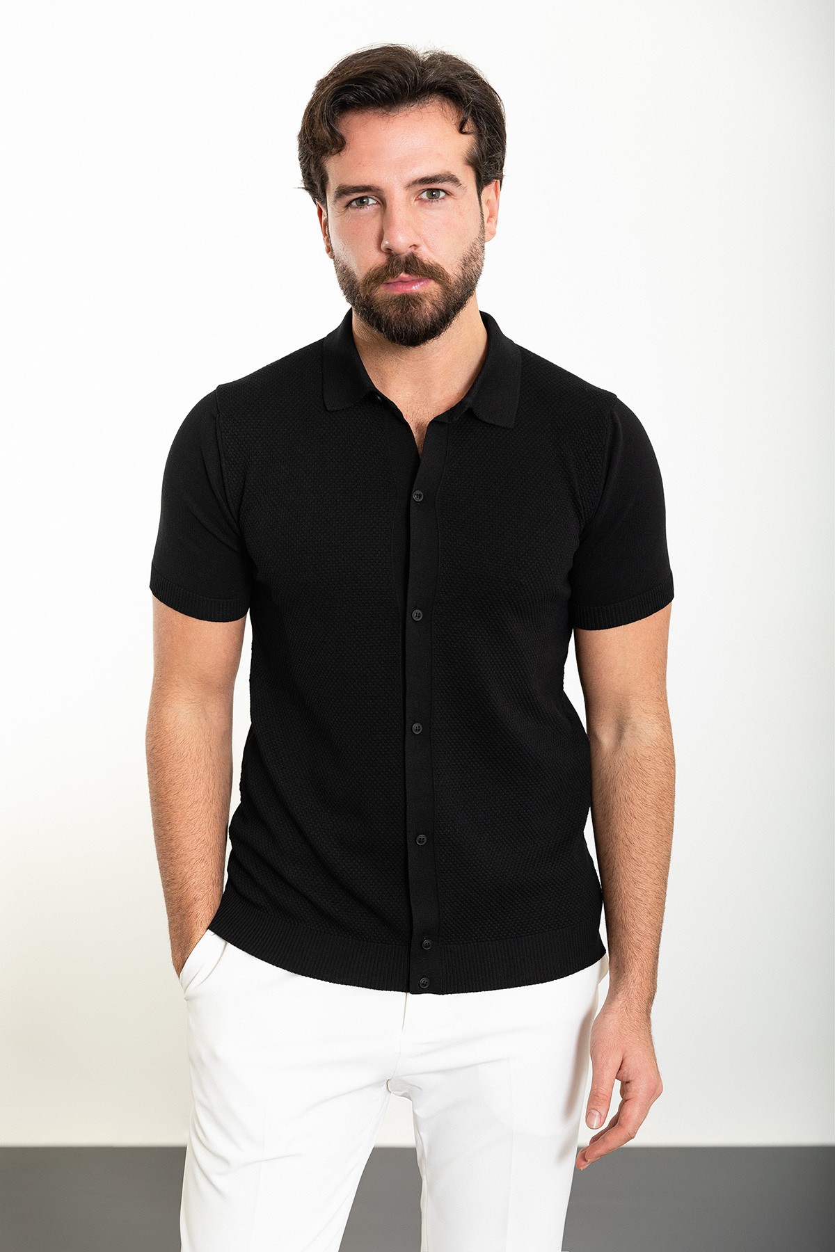 Desenli Slim Fit Polo Yaka Erkek Triko Gömlek