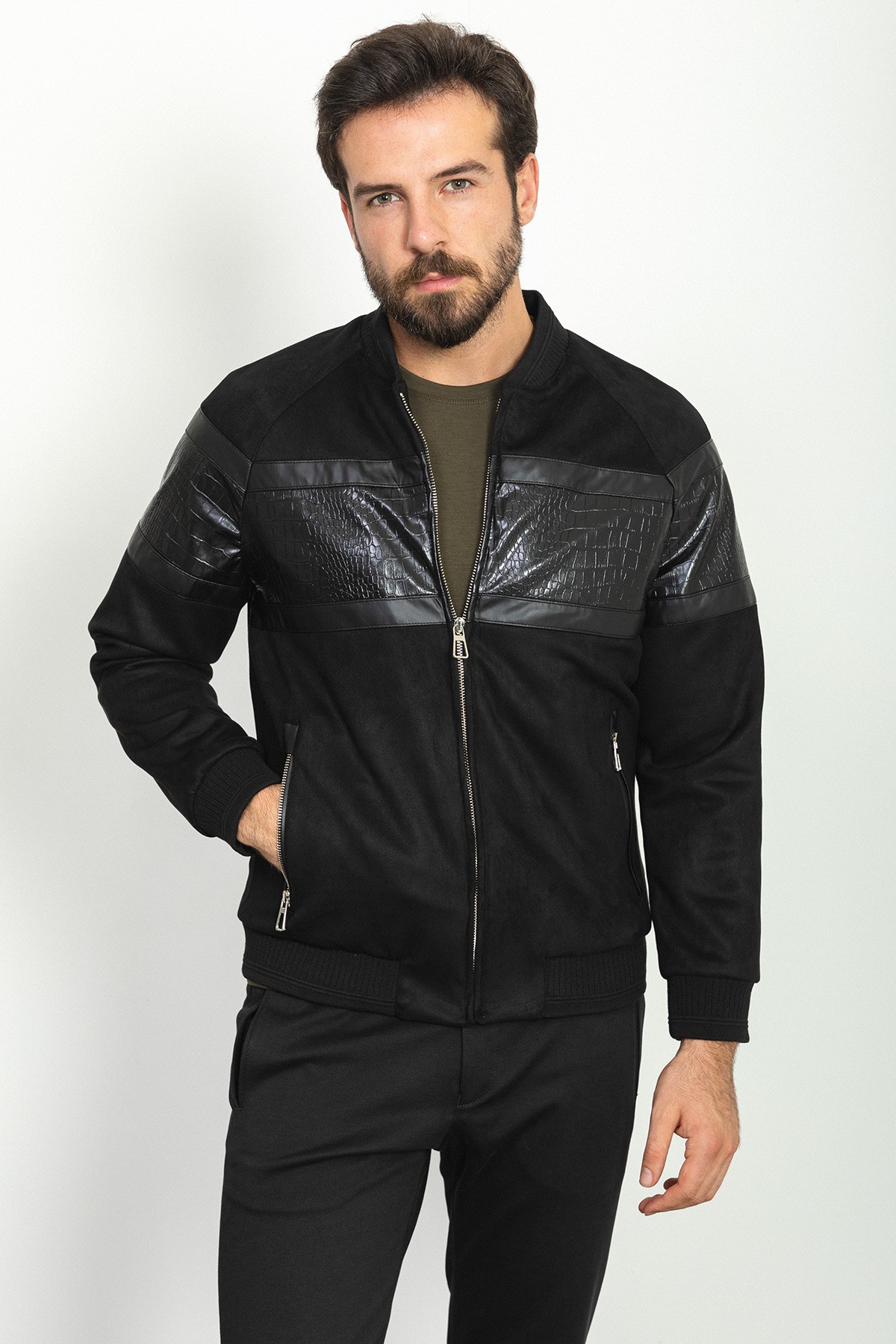Parça Desenli Slim Fit Pilot Yaka Erkek Mont
