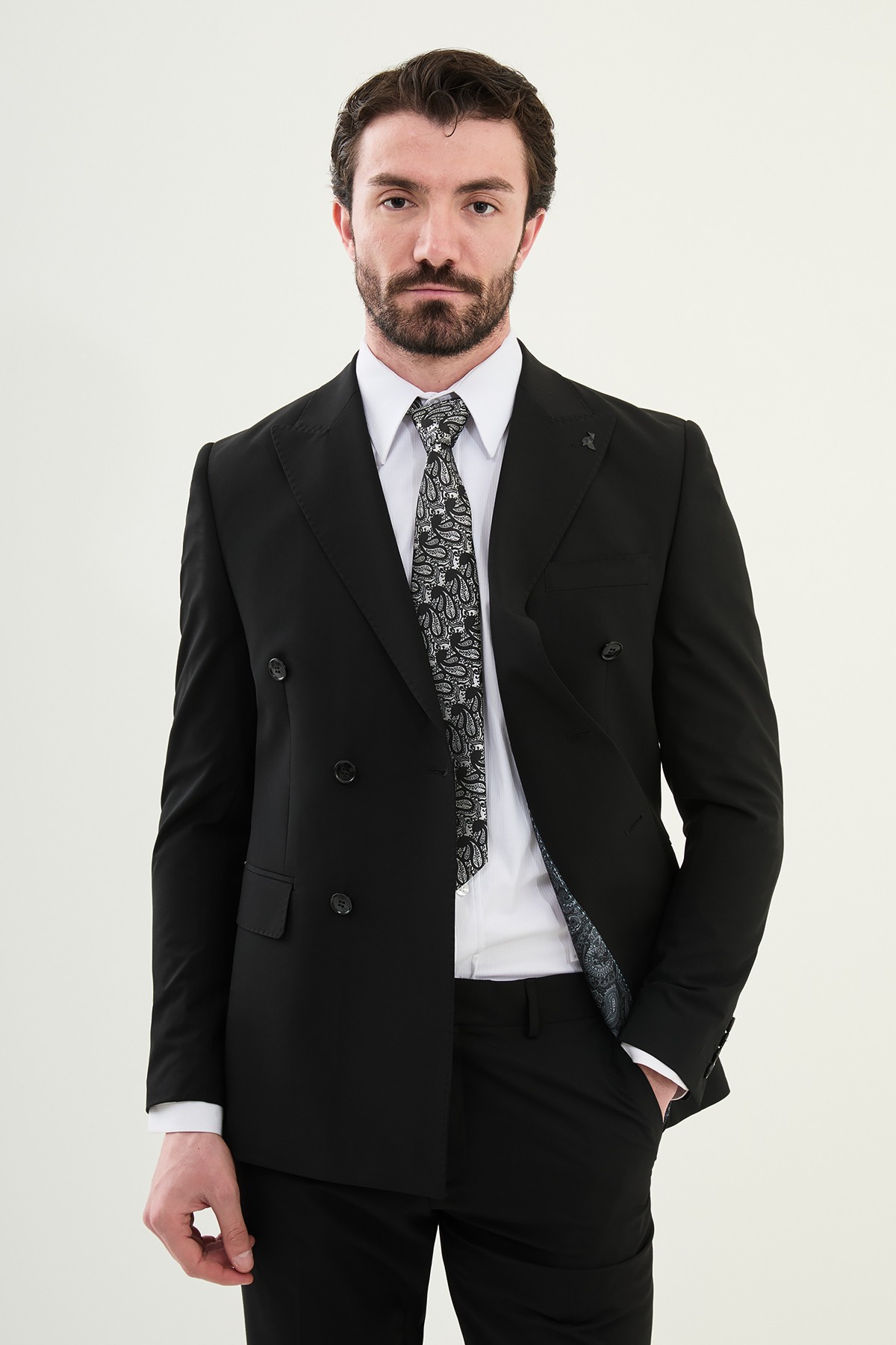Düz Slim Fit Geniş Yaka Kruvaze Erkek Takım Elbise