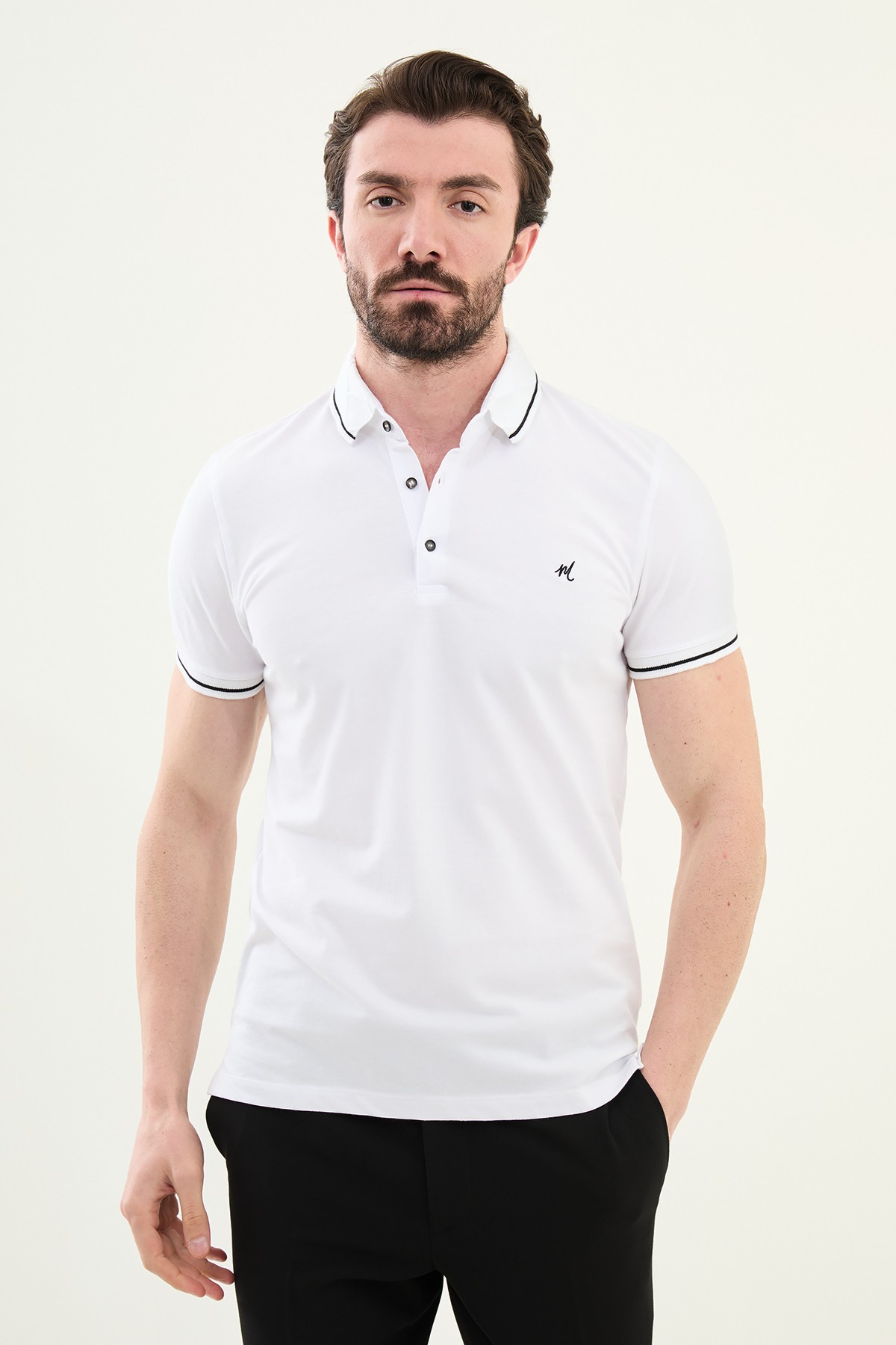 Düz Slim Fit Polo Yaka Pamuk Erkek T-Shirt - Beyaz