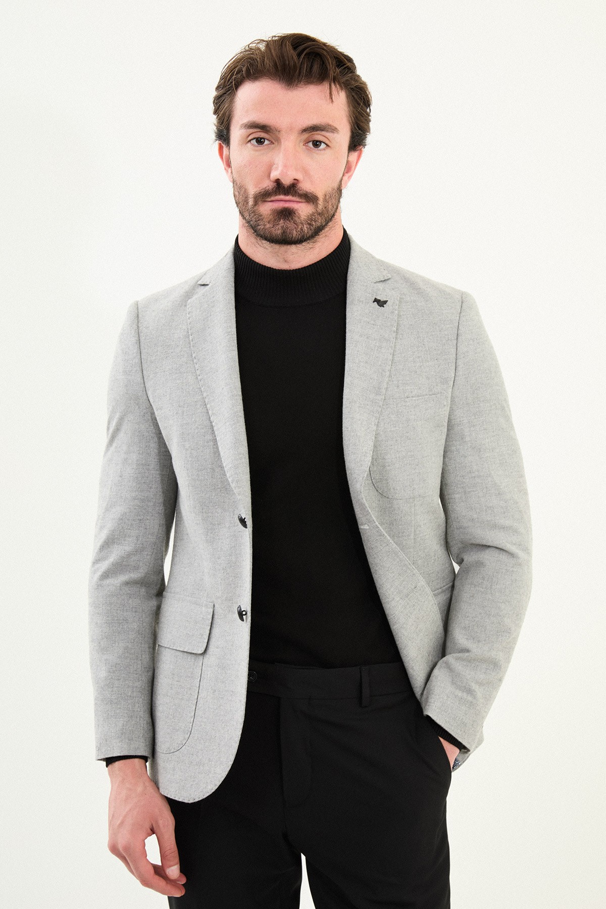 Düz Slim Fit Torba Cep Mono Yaka Yün Erkek Ceket - Gri