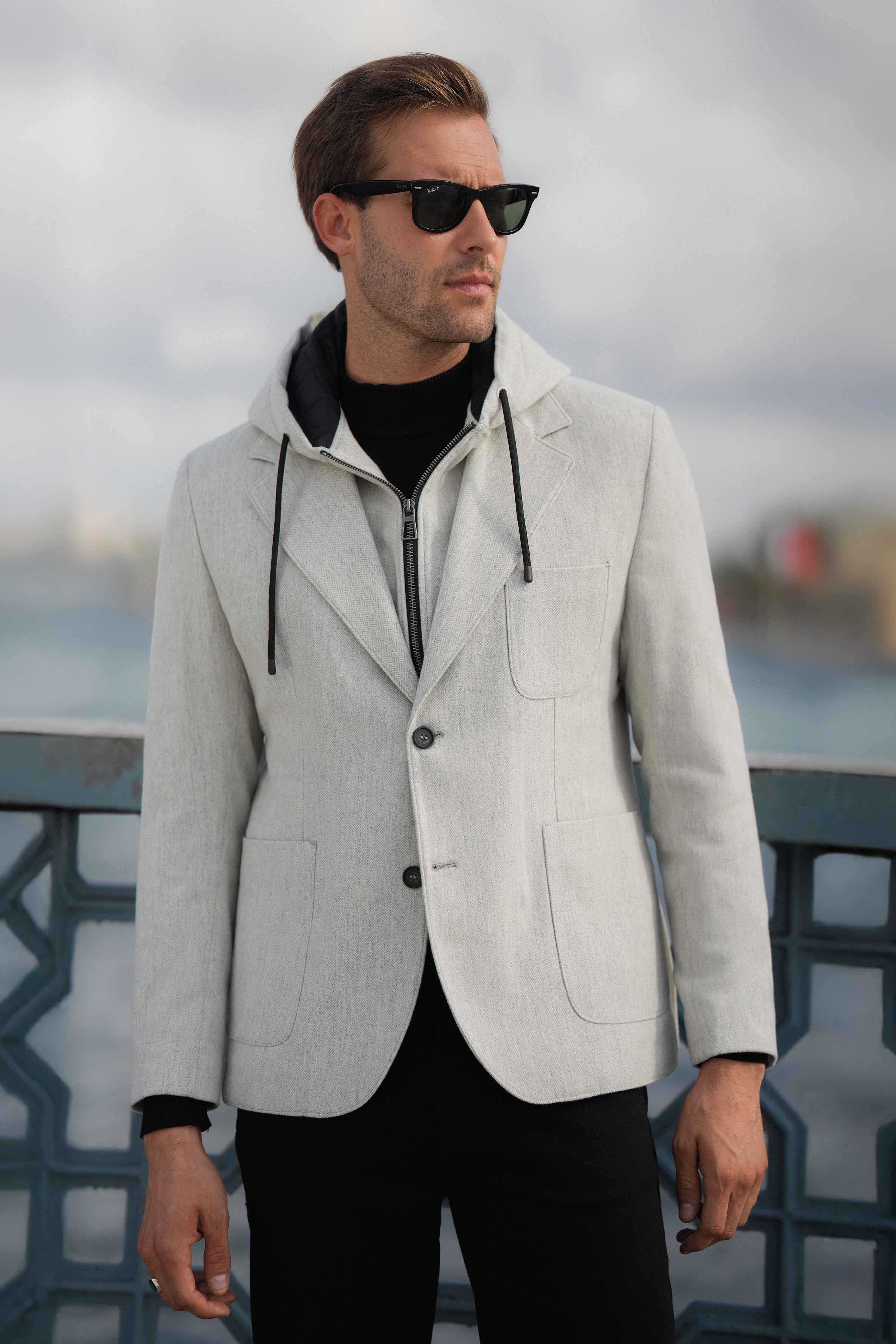 Desenli Slim Fit Çıkarılabilir Kapüşonlu Yün Erkek Ceket - Gri
