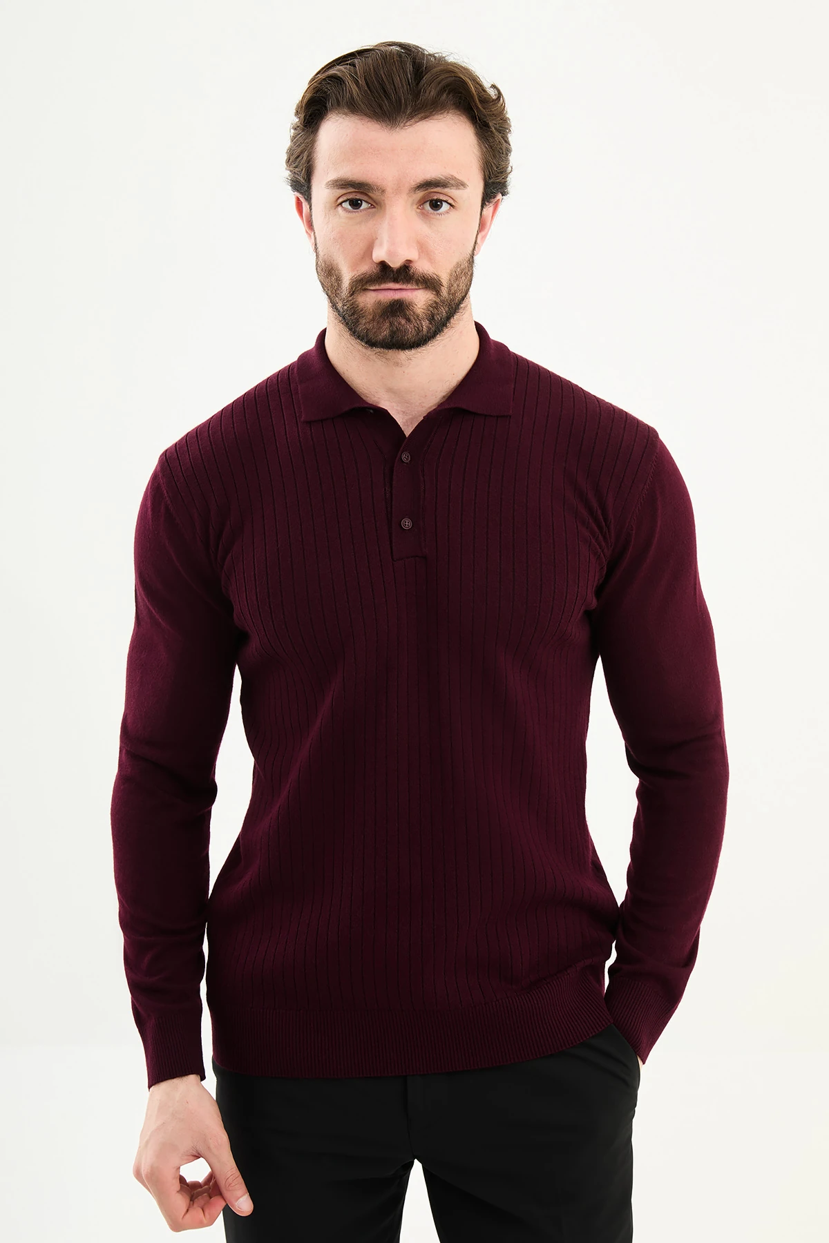 Fitilli Slim Fit Polo Yaka Erkek Triko Kazak - Bordo