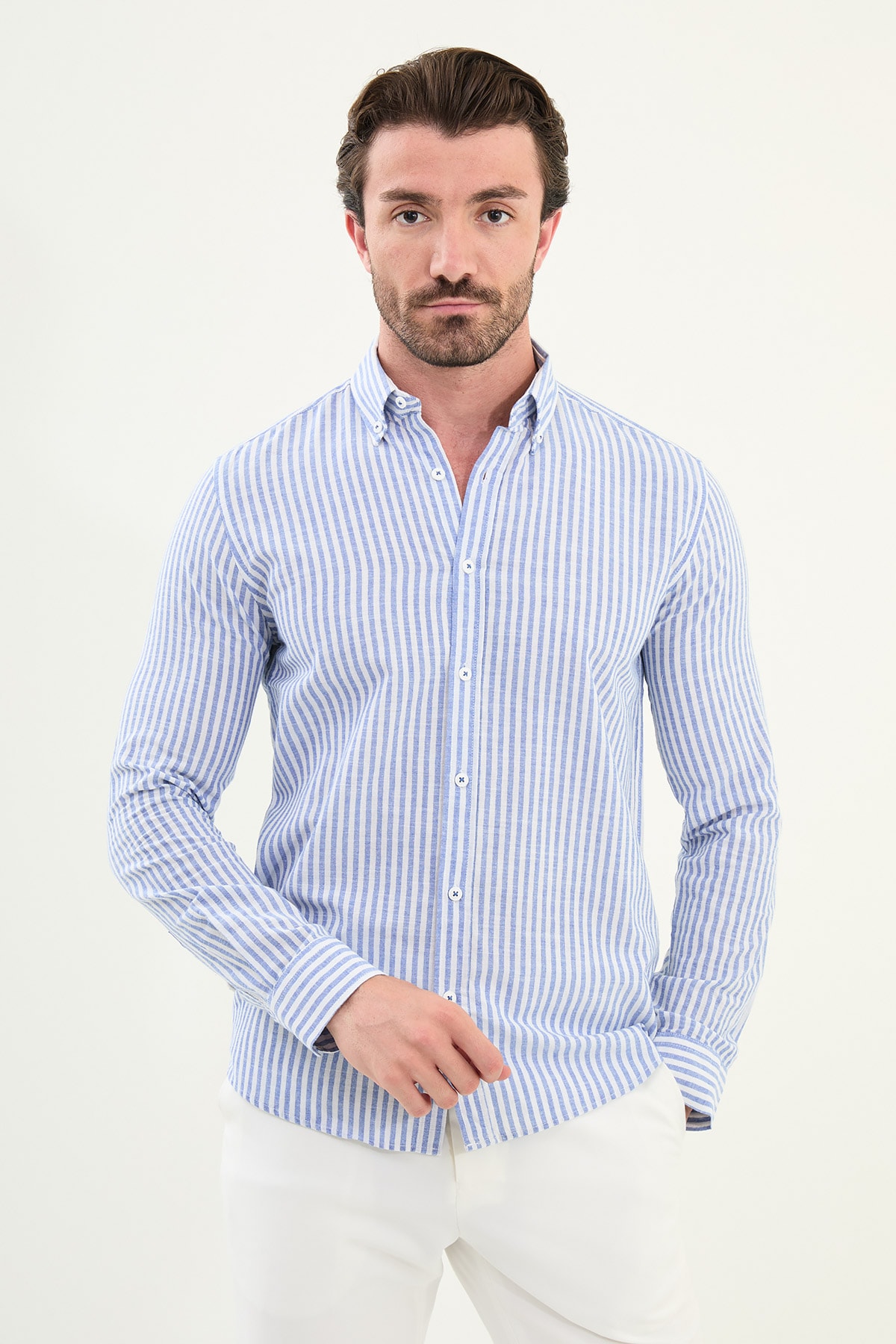 Çizgili Slim Fit Uzun Kollu Keten Erkek Gömlek - Saks