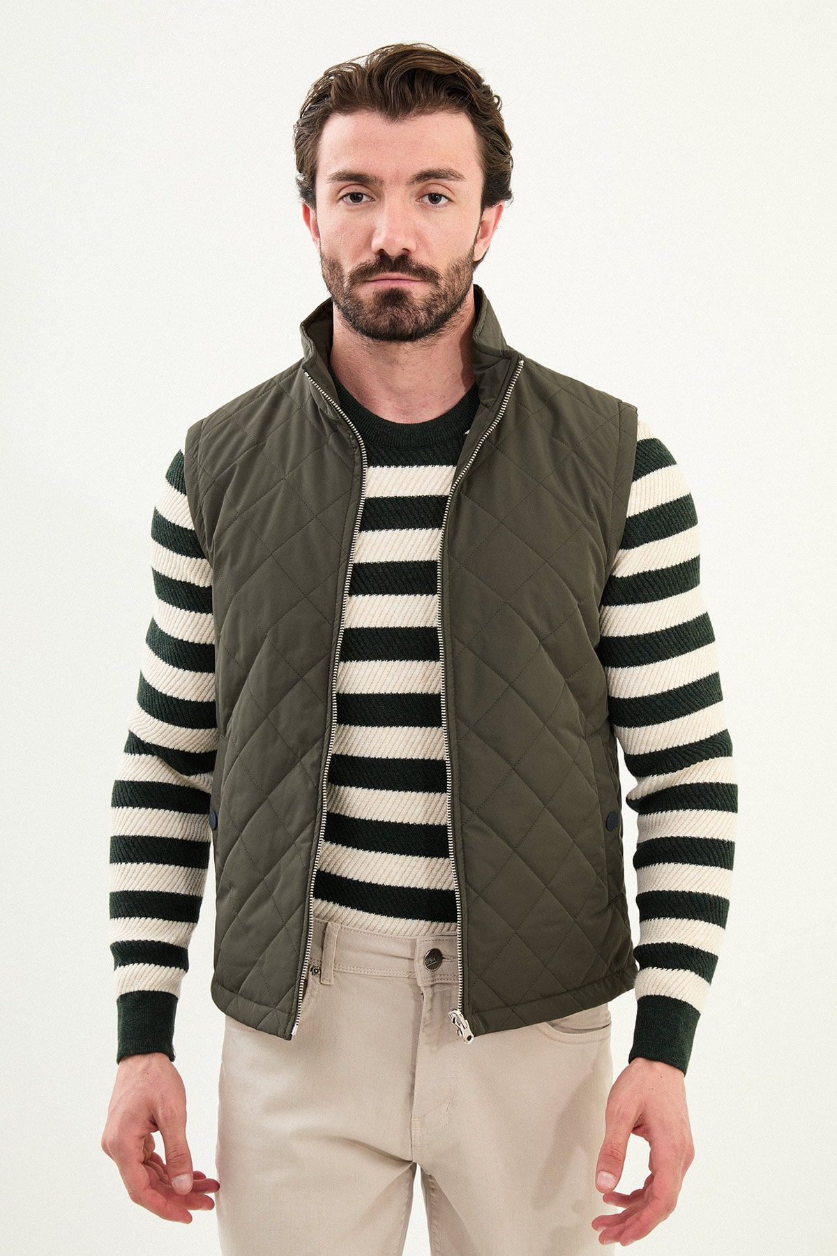Çift Taraflı Slim Fit Hakim Yaka Erkek Yelek - Haki