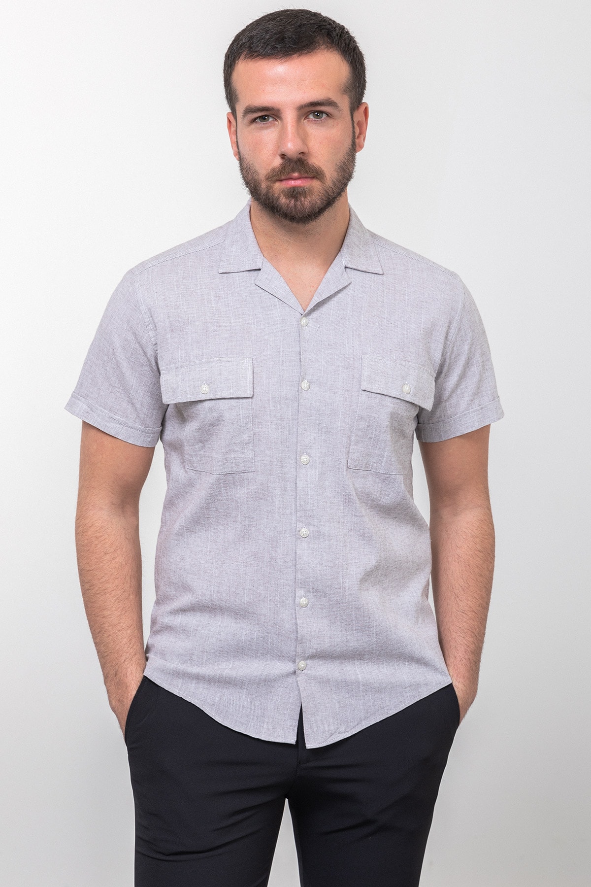 Kırçıllı Slim Fit Apaç Yaka Kısa Kollu Erkek Gömlek - Kahverengi-Ekru