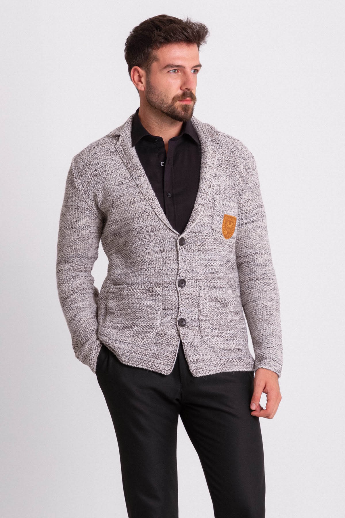 Kırçıllı Slim Fit Yün Erkek Triko Ceket - Kemik-Kahverengi
