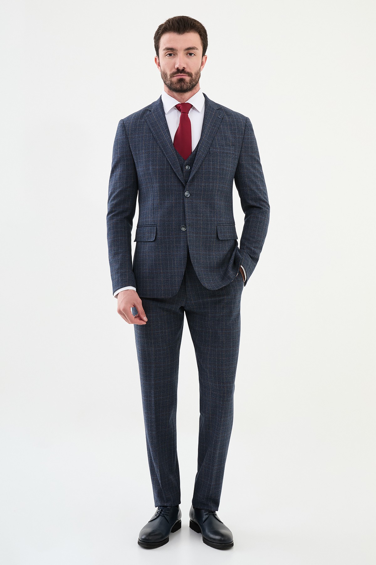 Kareli Slim Fit Mono Yaka Yün Erkek Takım Elbise
