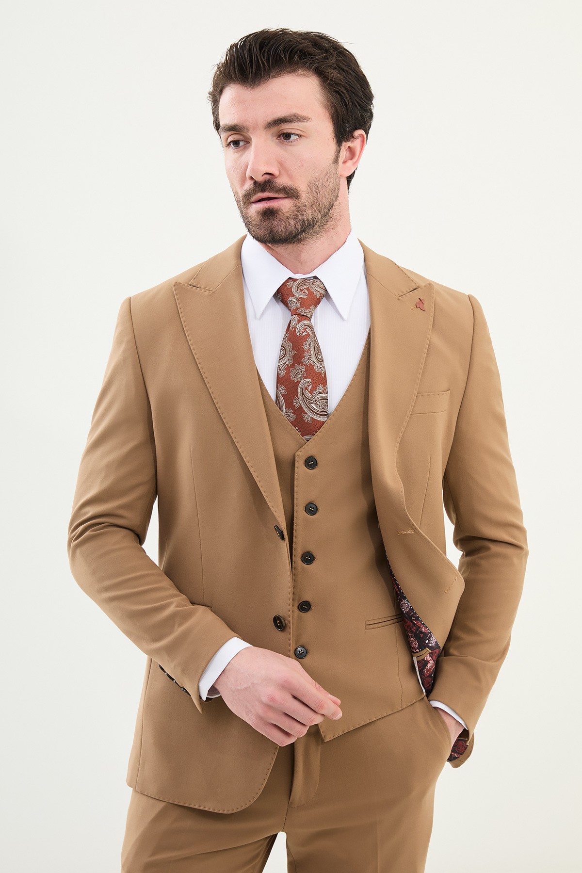Düz Slim Fit Mono Yaka Klasik Erkek Takım Elbise - Kamel