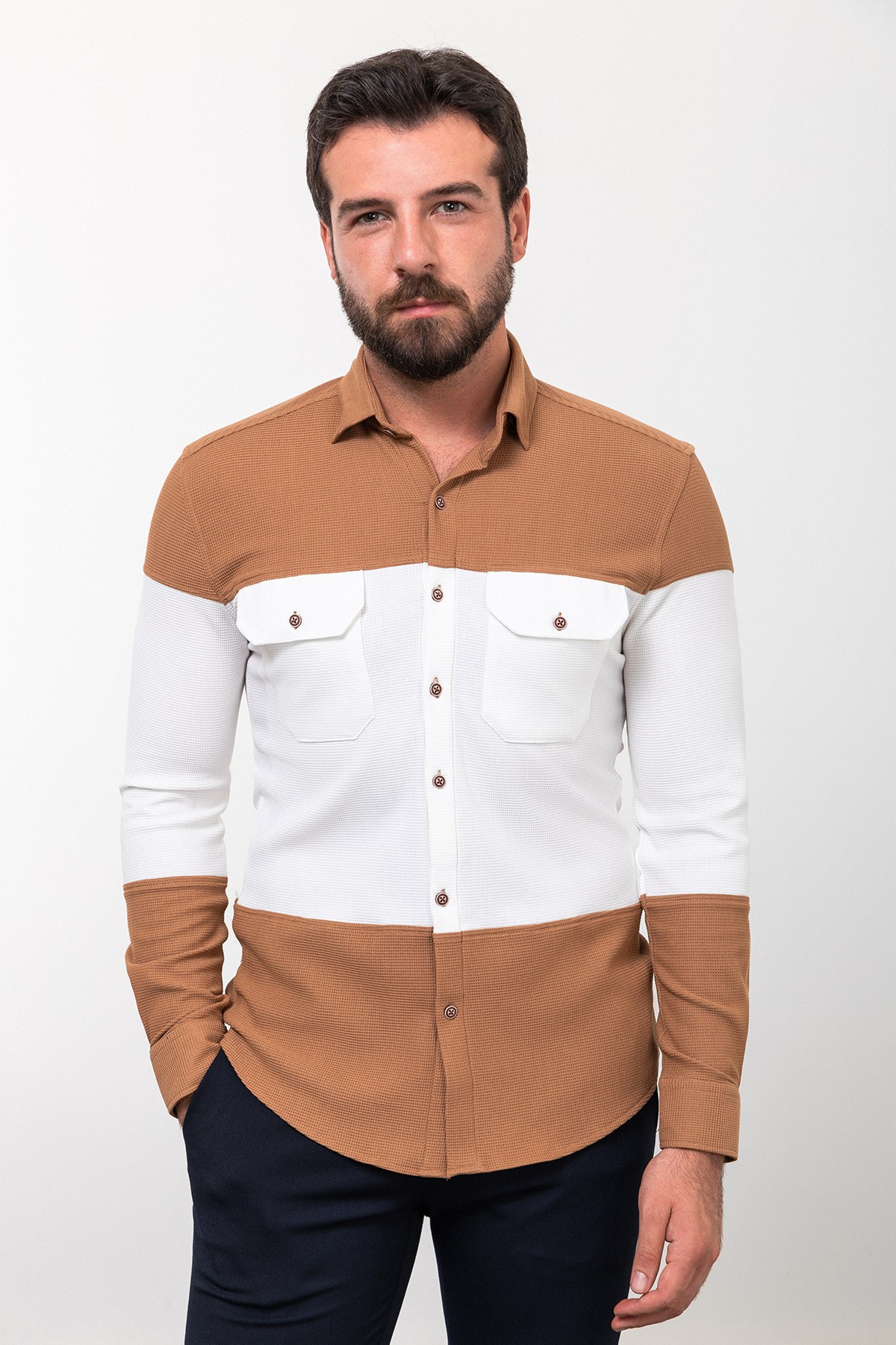 Parçalı Slim Fit Uzun Kollu Pamuk Erkek Gömlek - Kamel-Ekru