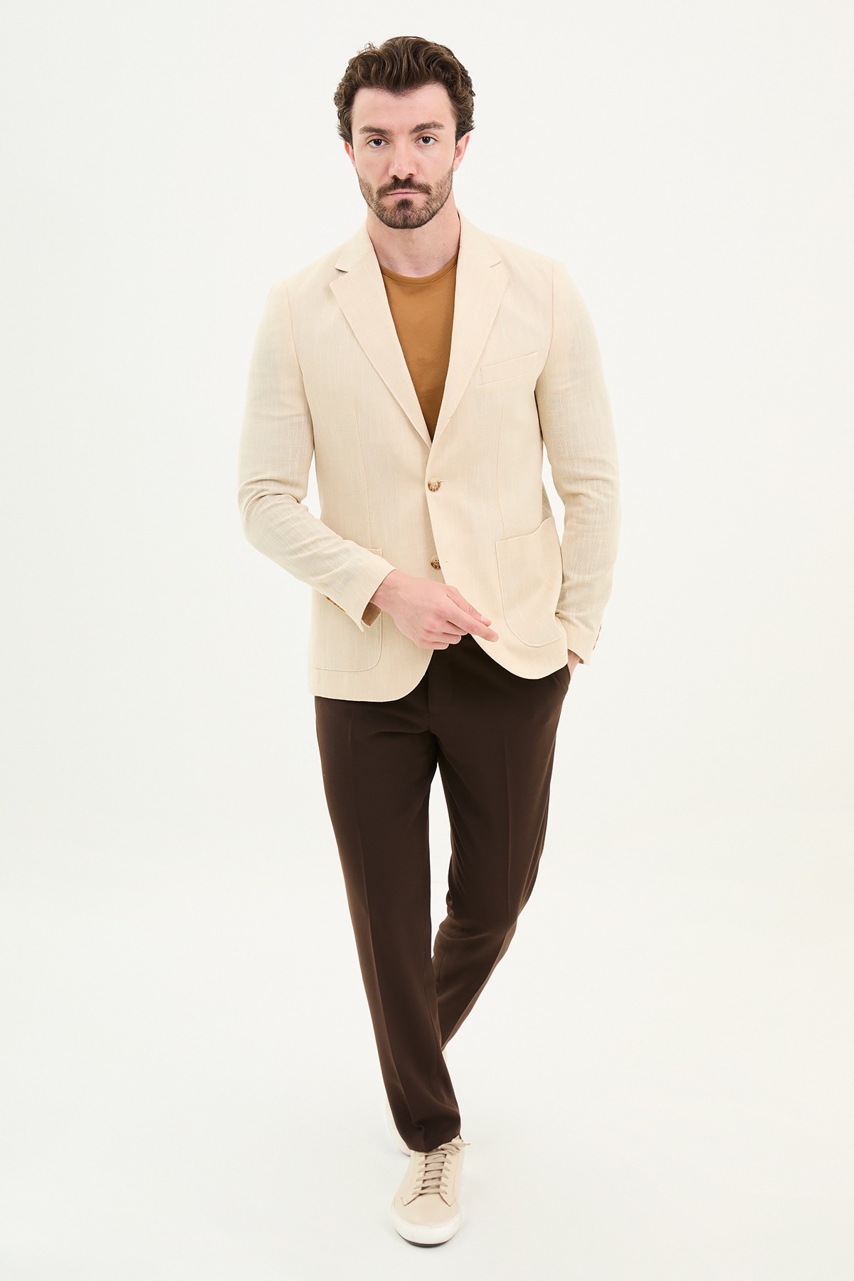 Desenli Slim Fit Torba Cep Keten Erkek Ceket