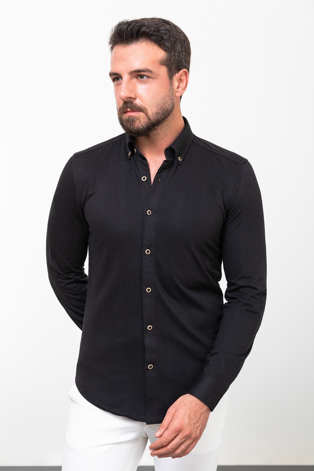 Desenli Slim Fit Uzun Kollu Pamuk Erkek Gömlek - Siyah