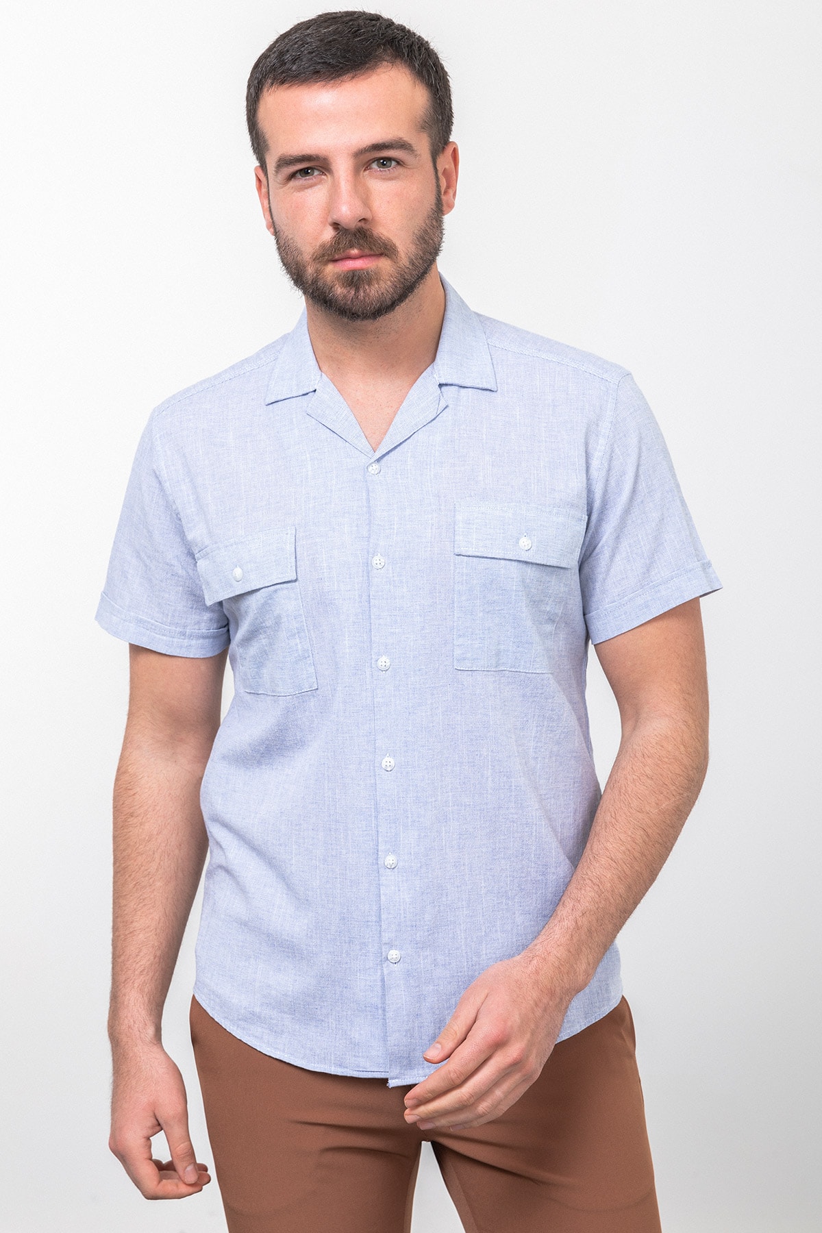 Kırçıllı Slim Fit Apaç Yaka Kısa Kollu Erkek Gömlek - Saks-Ekru