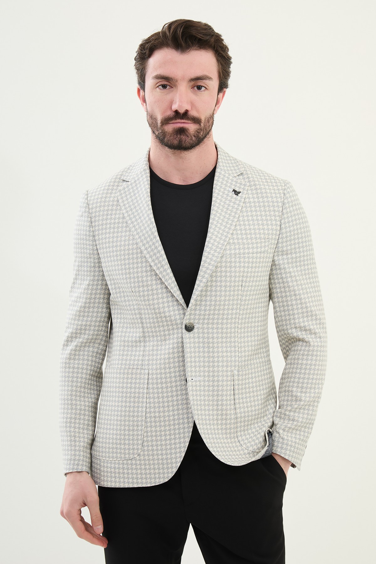Kazayagı Desenli Slim Fit Torba Cep %100 Keten Erkek Ceket - Gri