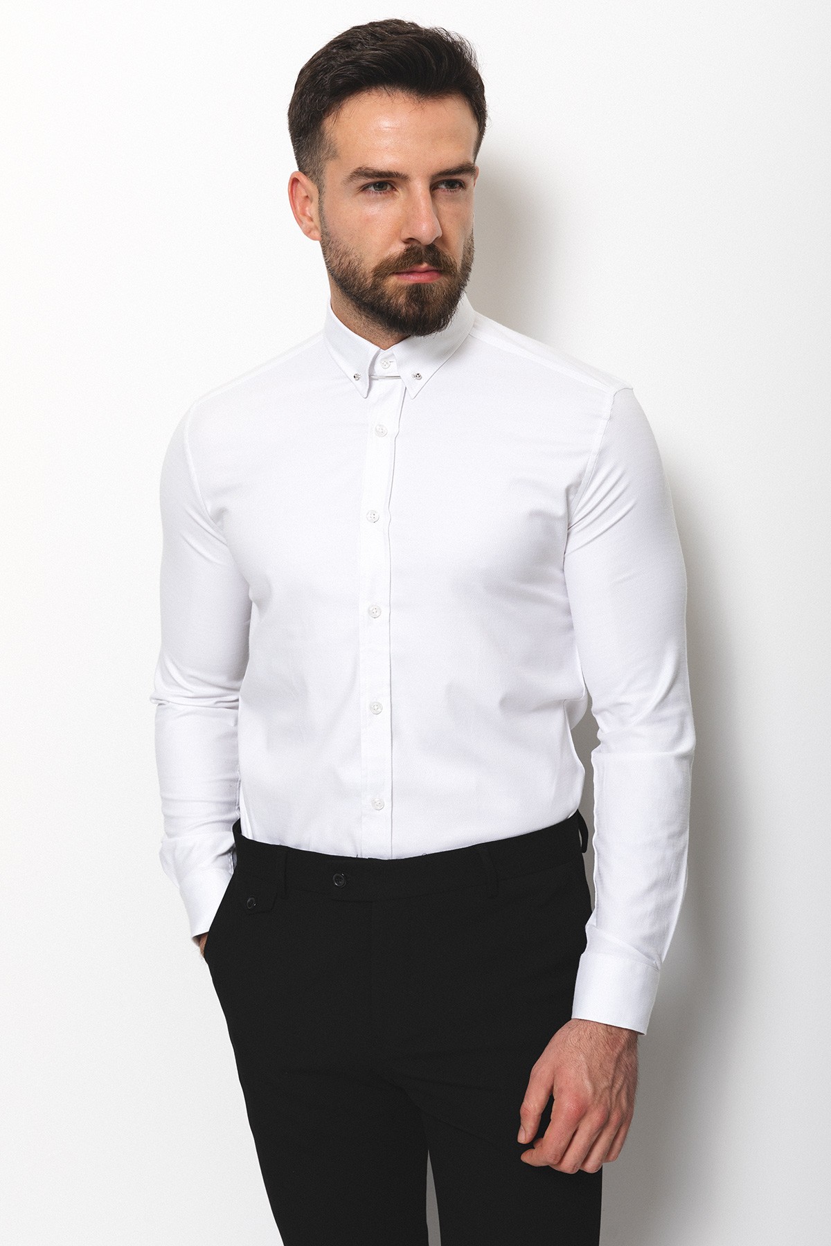 Desenli Slim Fit Yaka İğneli Klasik Erkek Gömlek - Beyaz