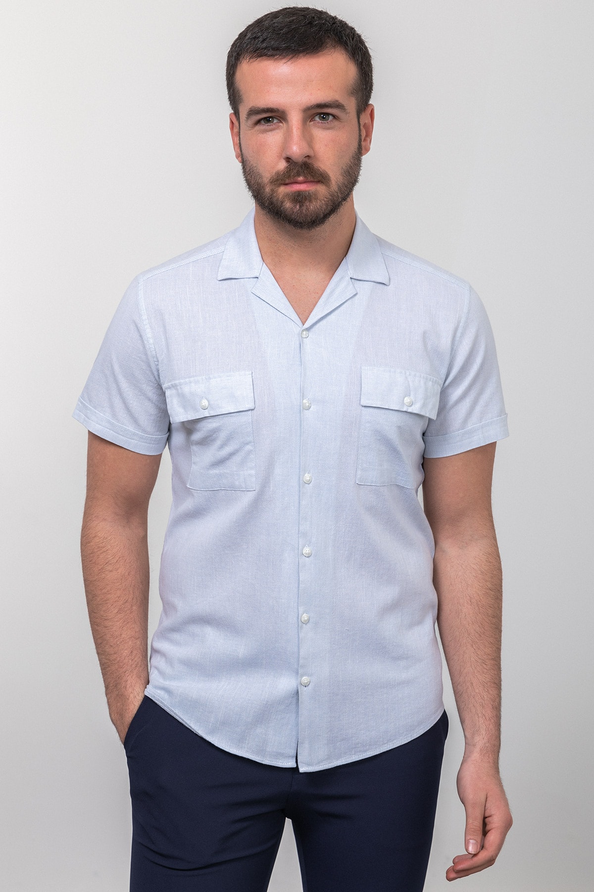 Kırçıllı Slim Fit Apaç Yaka Kısa Kollu Erkek Gömlek - Mavi-Ekru
