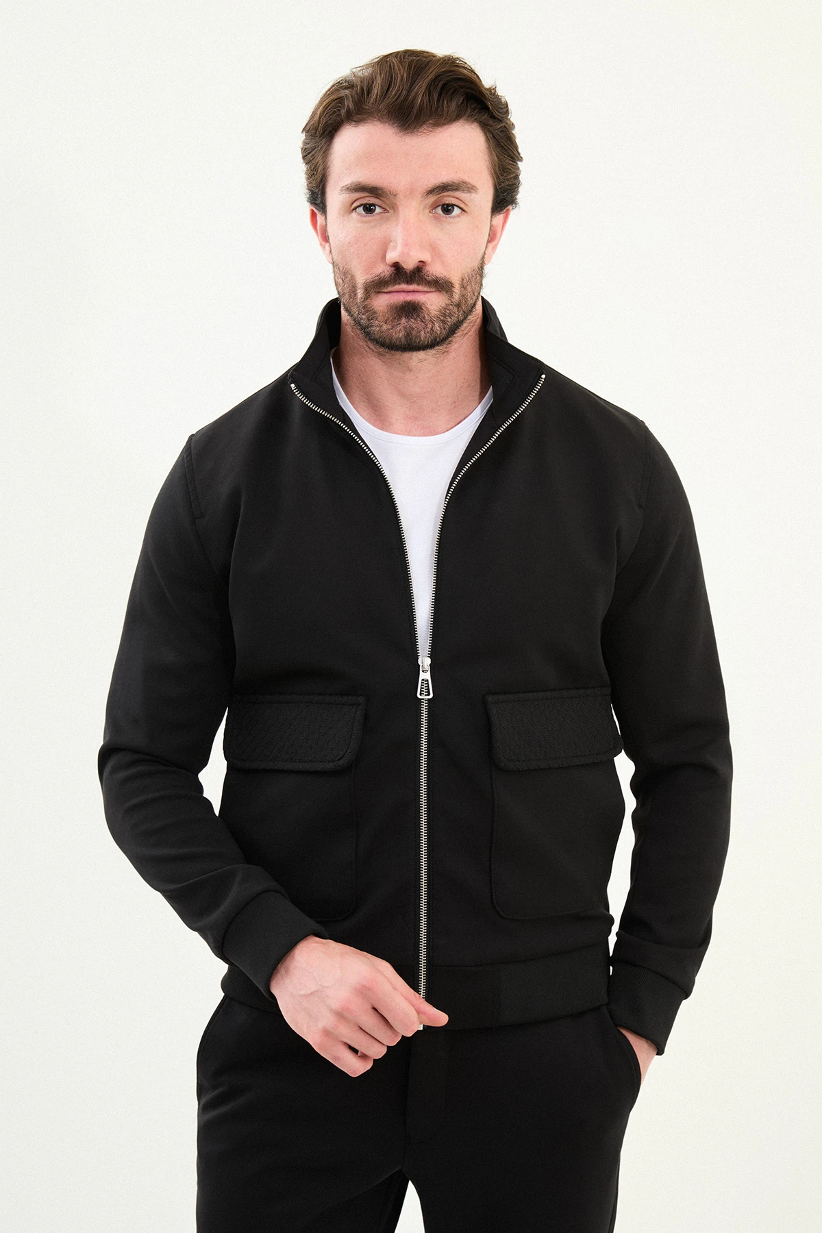 Düz Slim Fit Fermuarlı Torba Cepli Hakim Yaka Pantolon Mont - Siyah