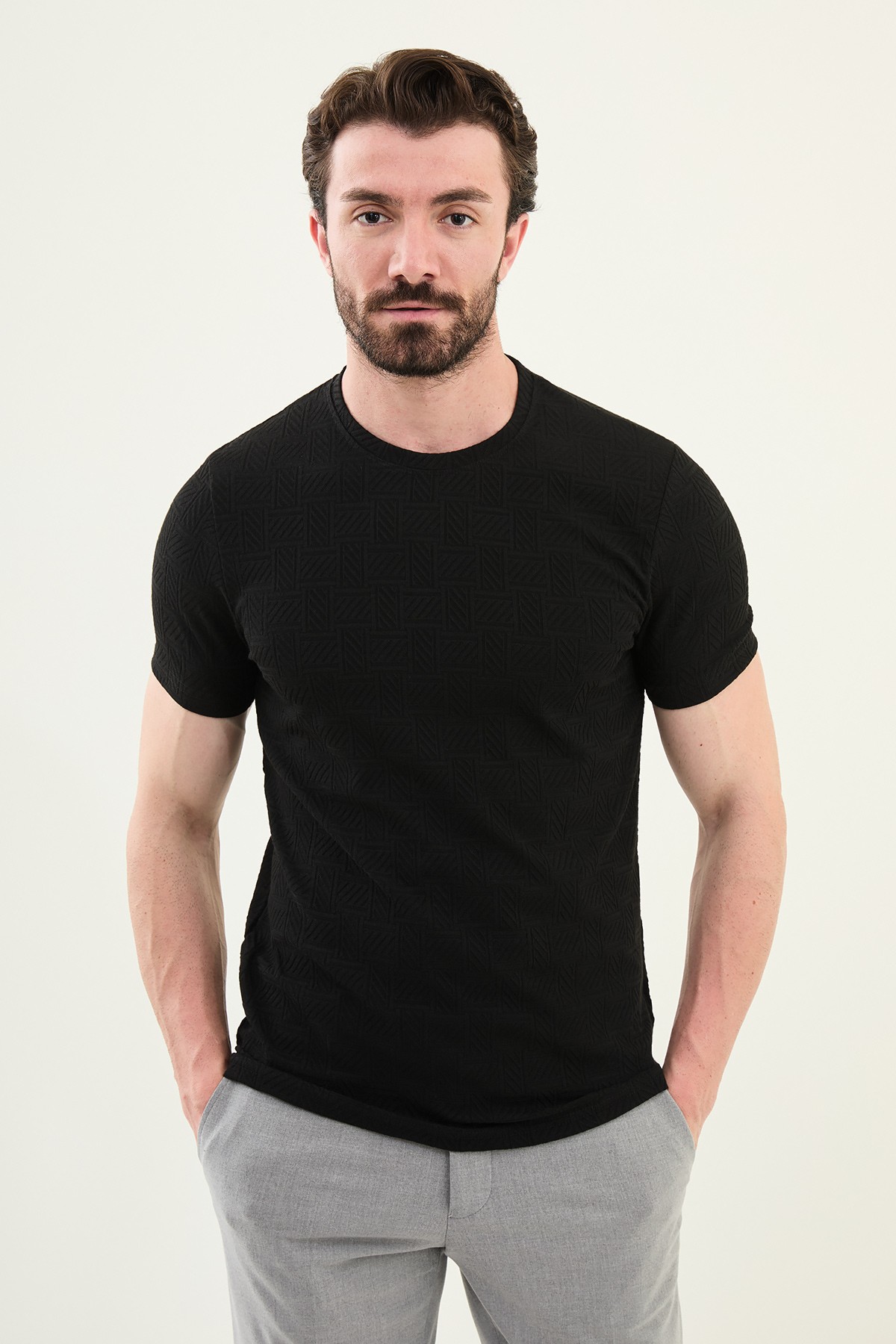 Desenli Slim Fit Bisiklet Yaka Erkek T-Shirt - Siyah