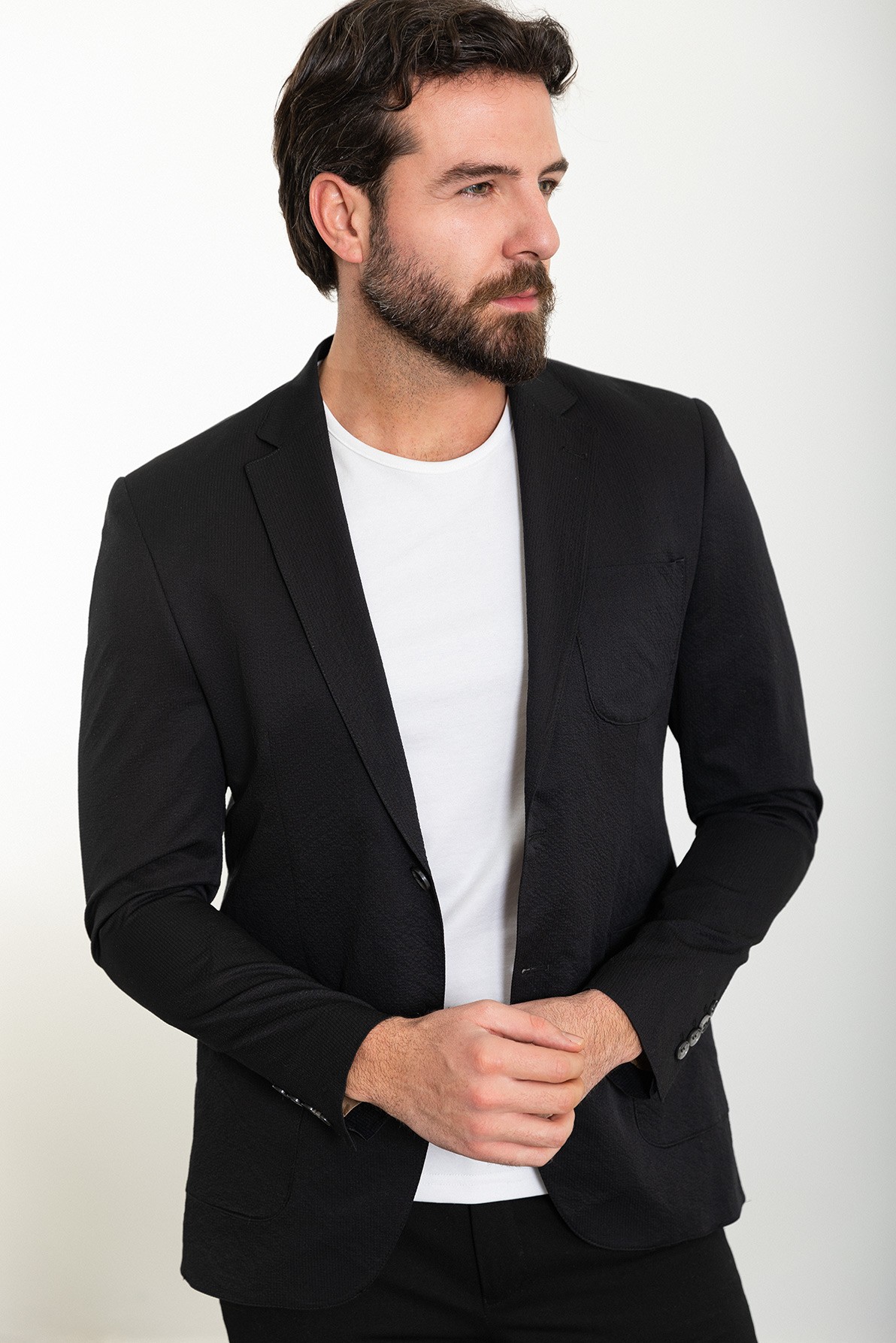 Çizgili Slim Fit Torba Cep Mono Yaka Gofre Erkek Ceket