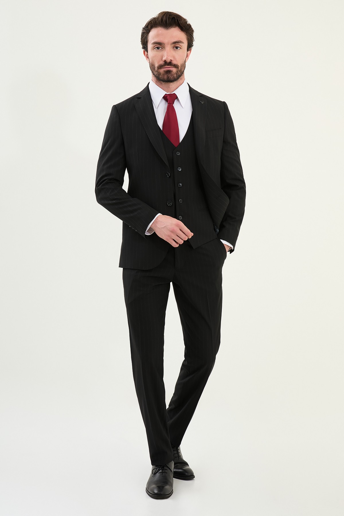 Çizgili Slim Fit Mono Yaka Yün Erkek Takım Elbise