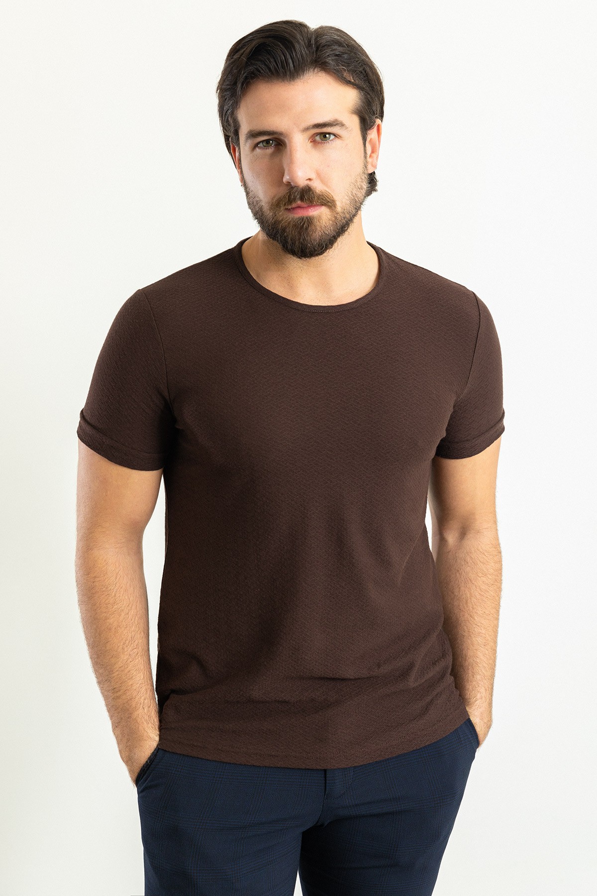 Desenli Slim Fit Bisiklet Yaka Erkek T-Shirt