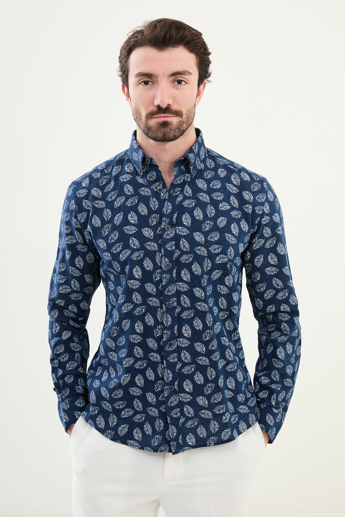 Çiçek Desenli Slim Fit Uzun Kollu Keten Erkek Gömlek
