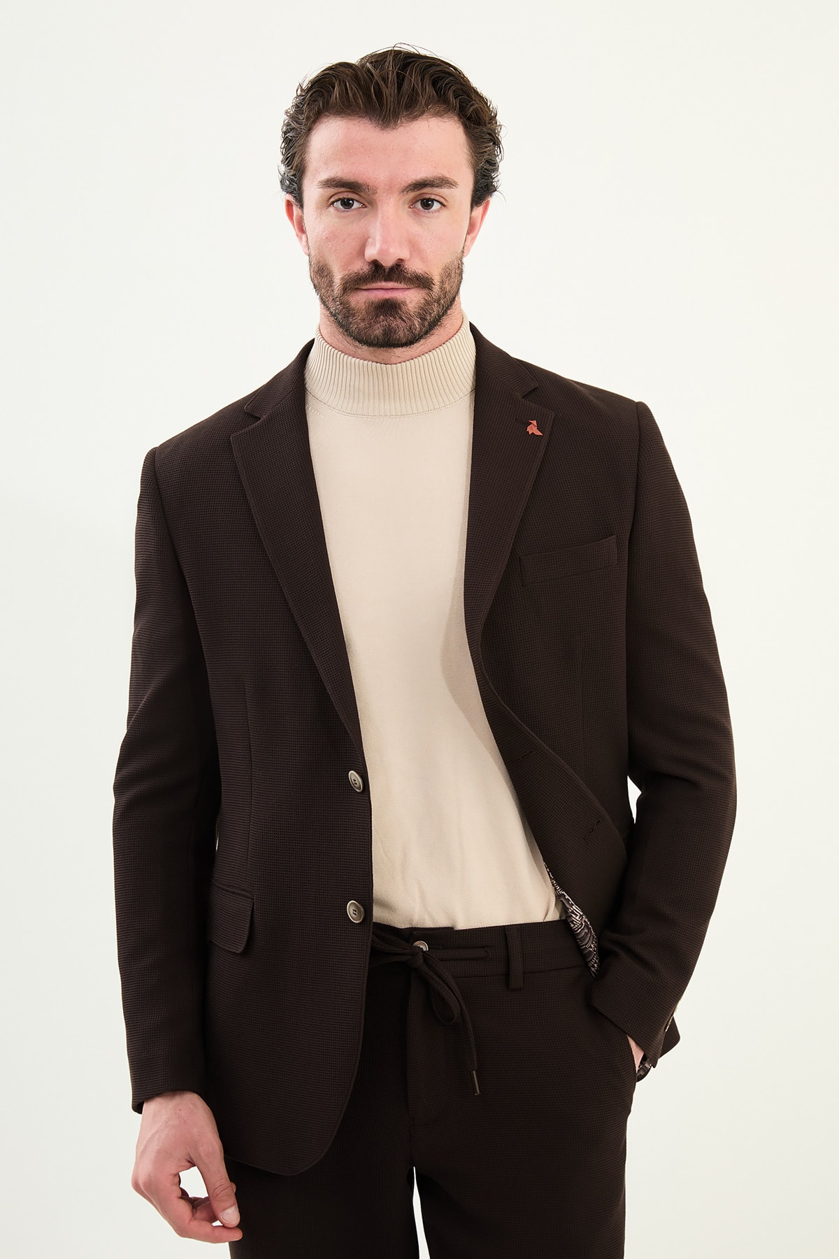 Desenli Slim Fit Torba Cep Beli Lastikli İpli Erkek Takım Elbise - Kahverengi