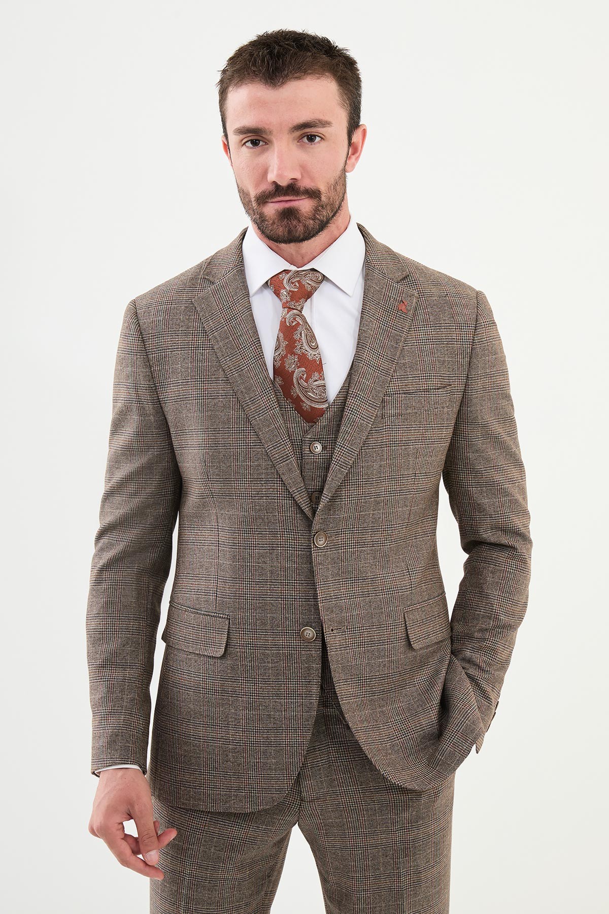 Ekoseli Slim Fit Mono Yaka Yün Erkek Takım Elbise - Kahverengi