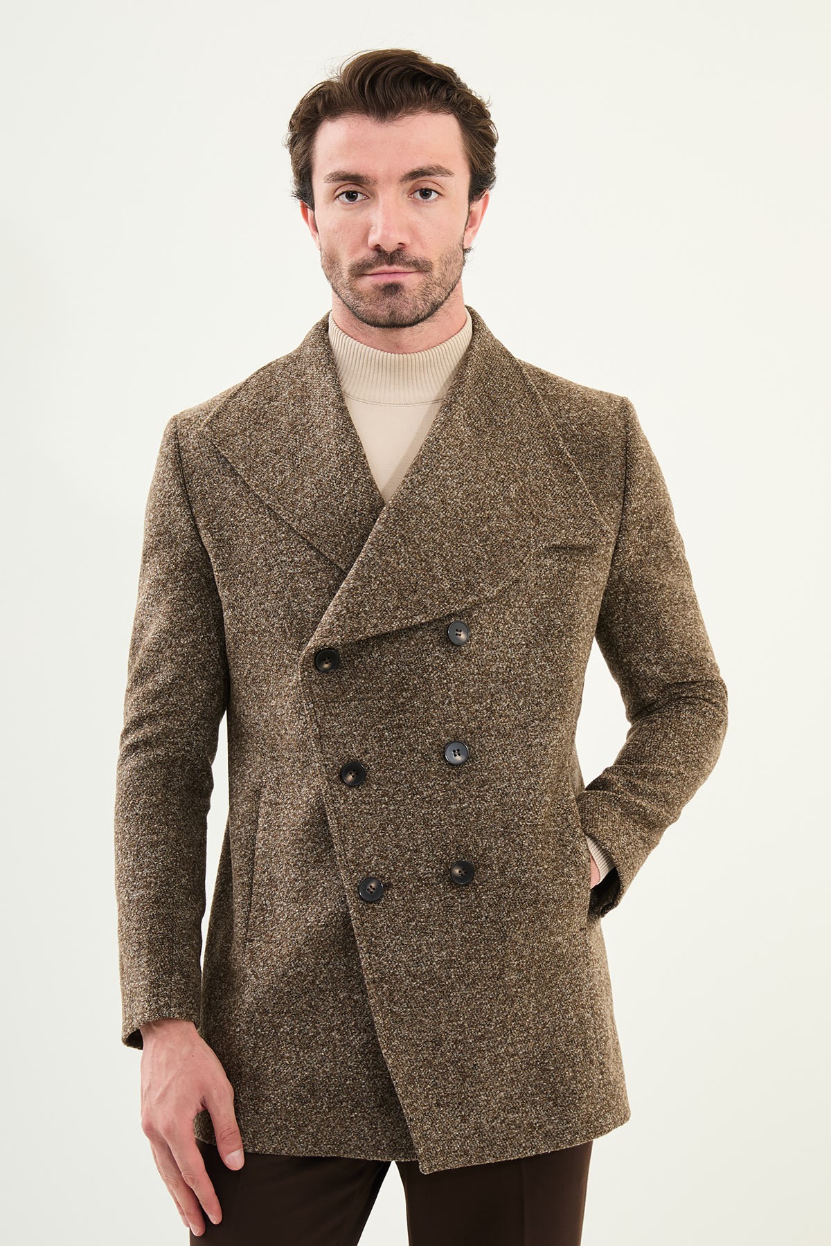 Kırçıllı Slim Fit Geniş Şal Yaka Çapraz Düğmeli Yün Erkek Kaban - Haki