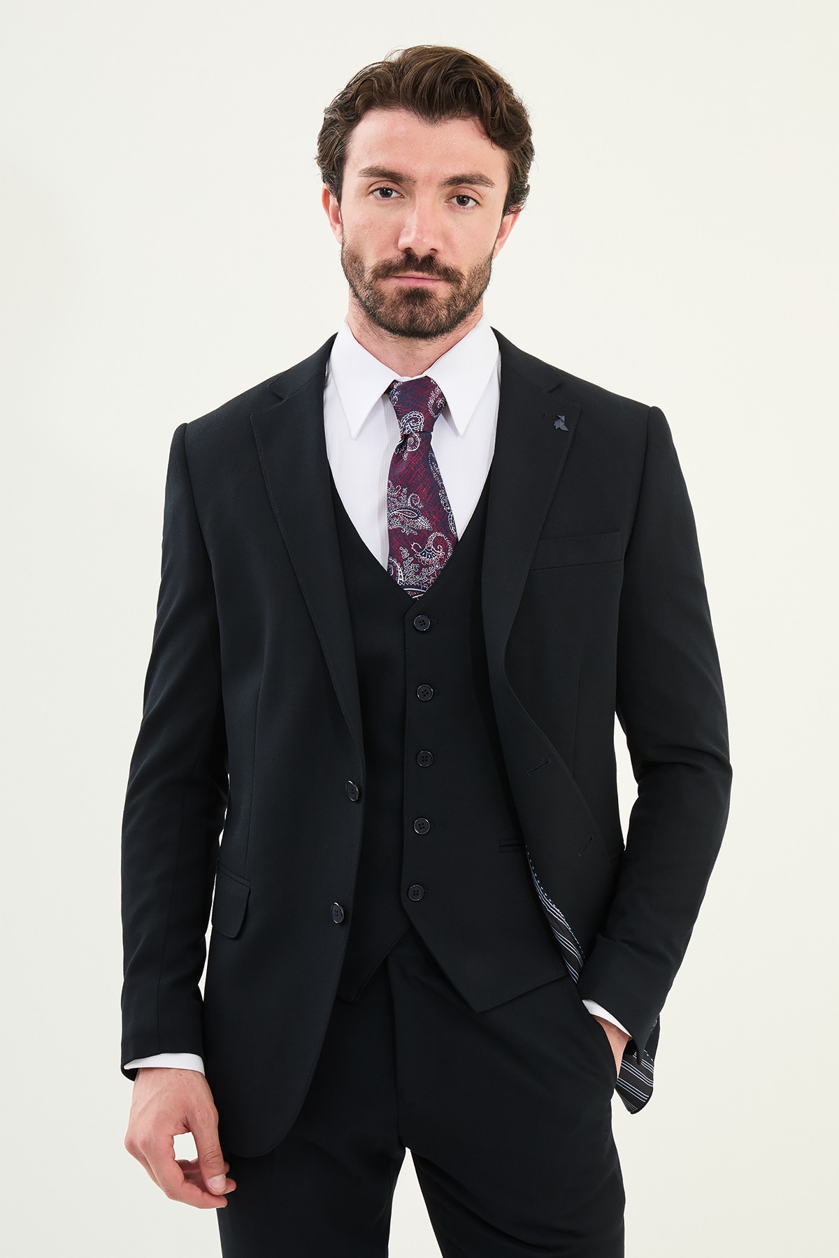 Düz Slim Fit Mono Yaka Klasik Erkek Takım Elbise - Koyu Lacivert