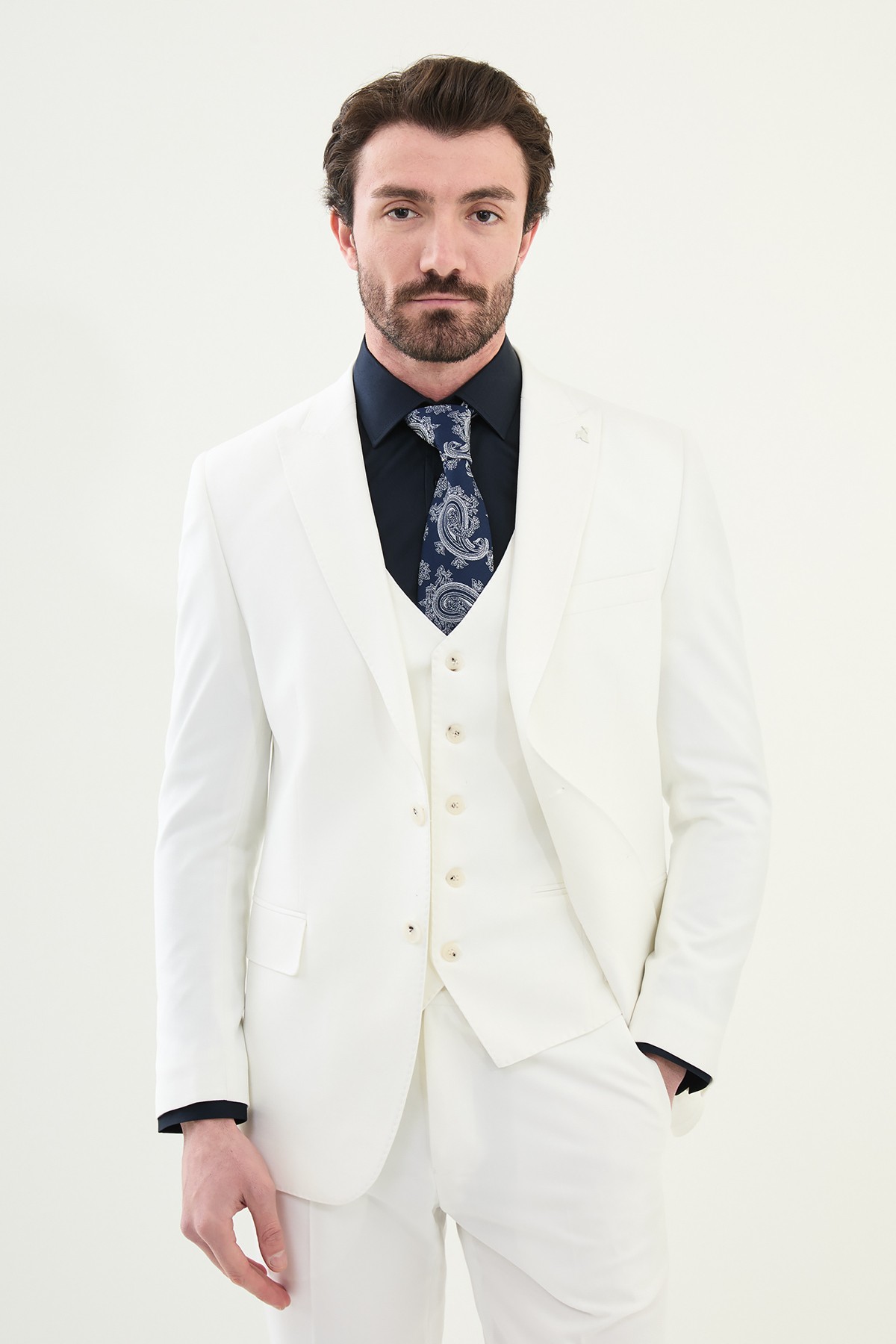 Düz Slim Fit Mono Yaka Klasik Erkek Takım Elbise - Beyaz