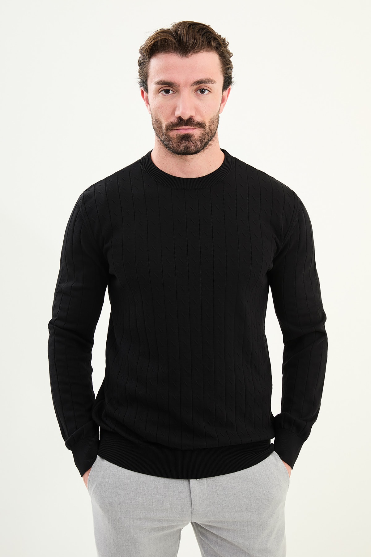 Desenli Slim Fit Bisiklet Yaka Erkek Triko Kazak - Siyah