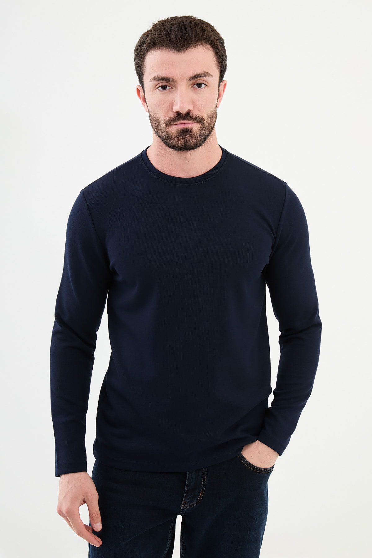 Desenli Slim Fit Bisiklet Yaka Uzun Kollu Erkek T-Shirt - Lacivert