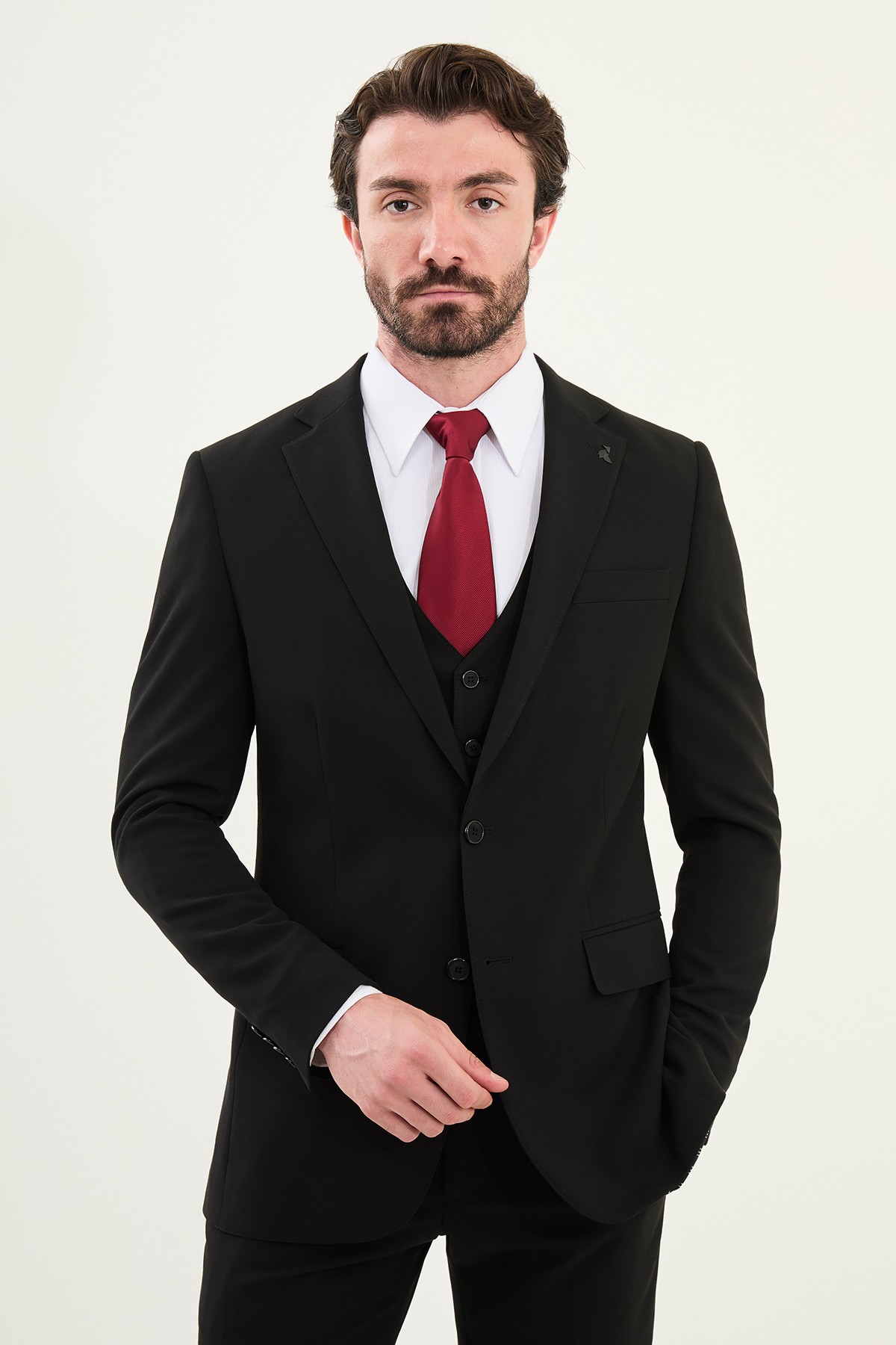 Düz Slim Fit Mono Yaka Klasik Erkek Takım Elbise - Siyah