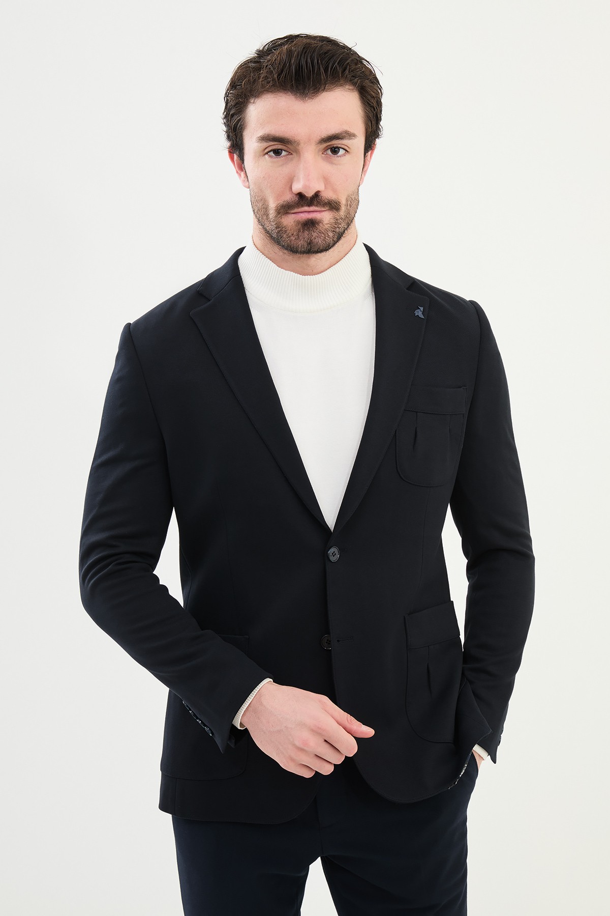 Düz Slim Fit Mono Yaka Torba Cep Pamuk Erkek Ceket - Lacivert