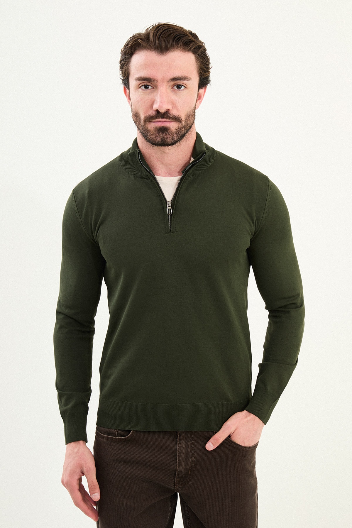 Düz Slim Fit Fermuarlı Yarım Balıkçı Erkek Triko Kazak - Haki