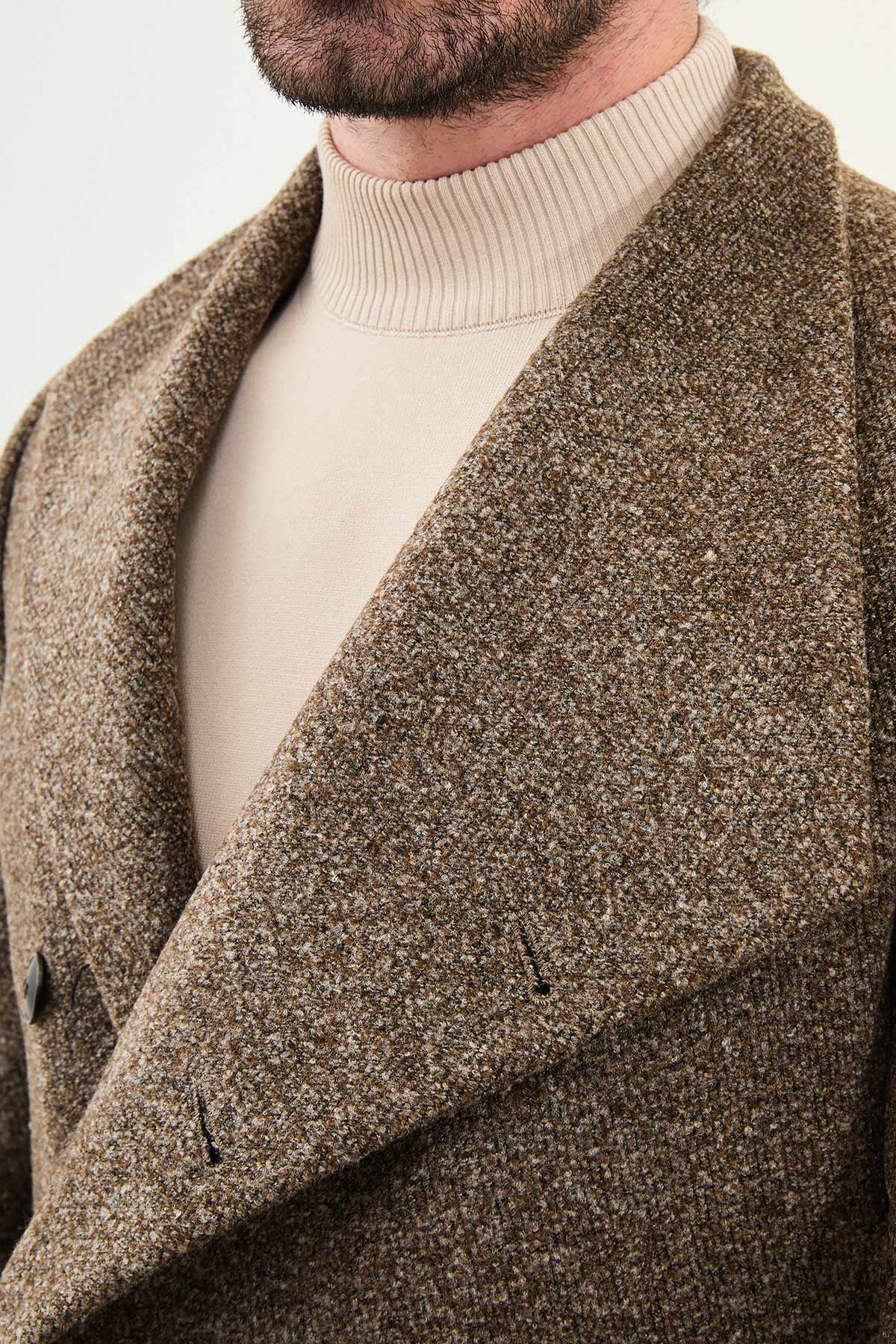 Kırçıllı Slim Fit Şal Yaka Çapraz Düğmeli Yün Erkek Kaban