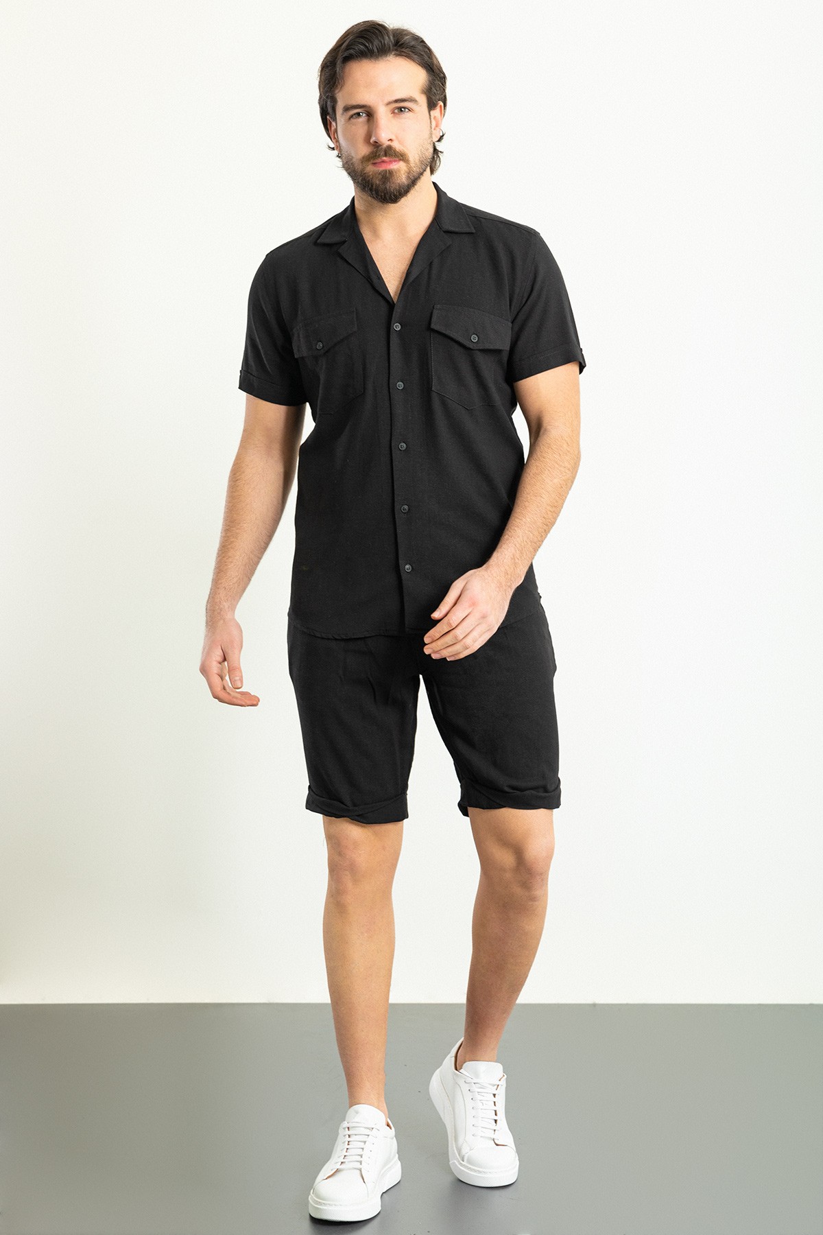 Düz Slim Fit Apaç Yaka Keten Erkek Gömlek Şort Takım