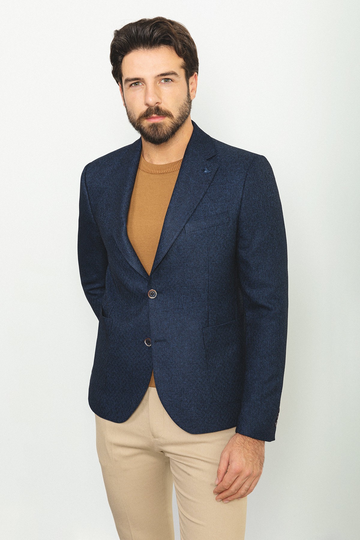 Desenli Torba Cep Slim Fit Yün Erkek Ceket
