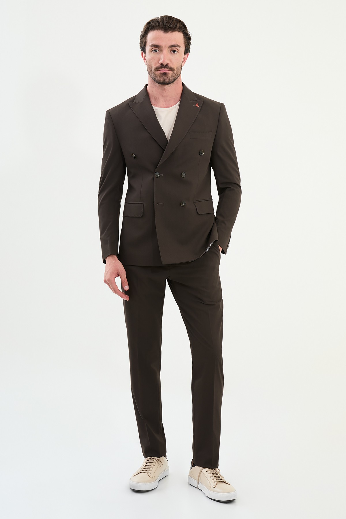 Düz Slim Fit Geniş Yaka Kruvaze Erkek Takım Elbise