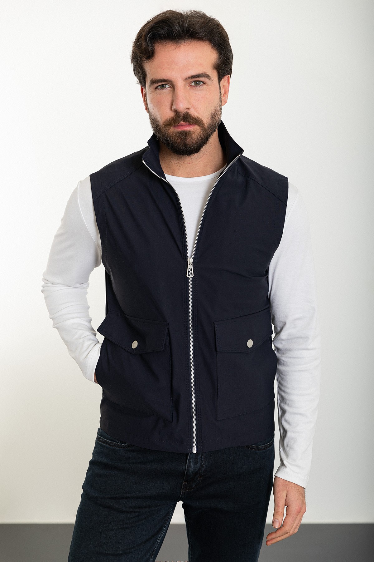 Düz Slim Fit Torba Cep Hakim Yaka Erkek Yelek - Lacivert