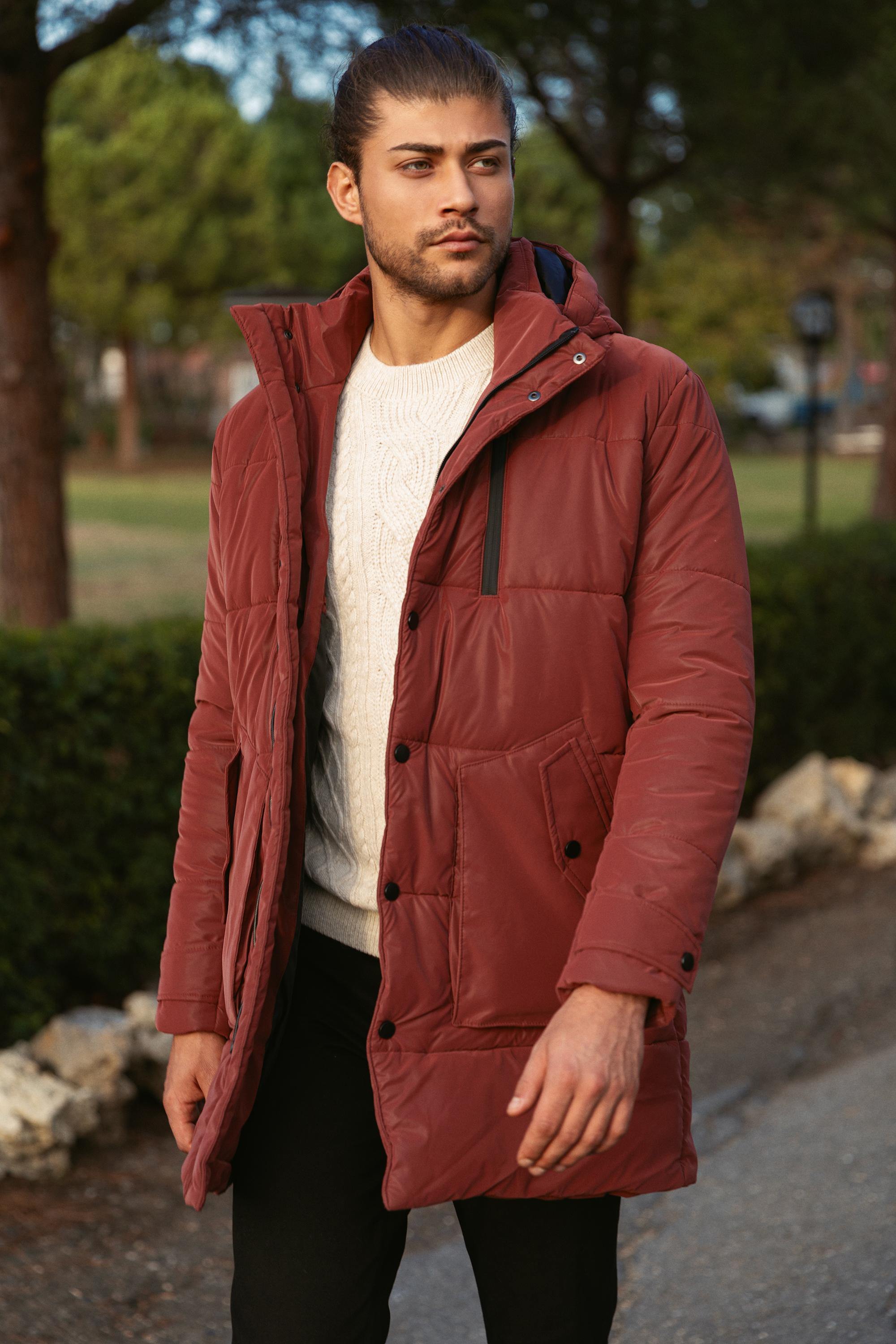 Düz Slim Fit Fermuar Detaylı Kapüşonlu Erkek Kaban