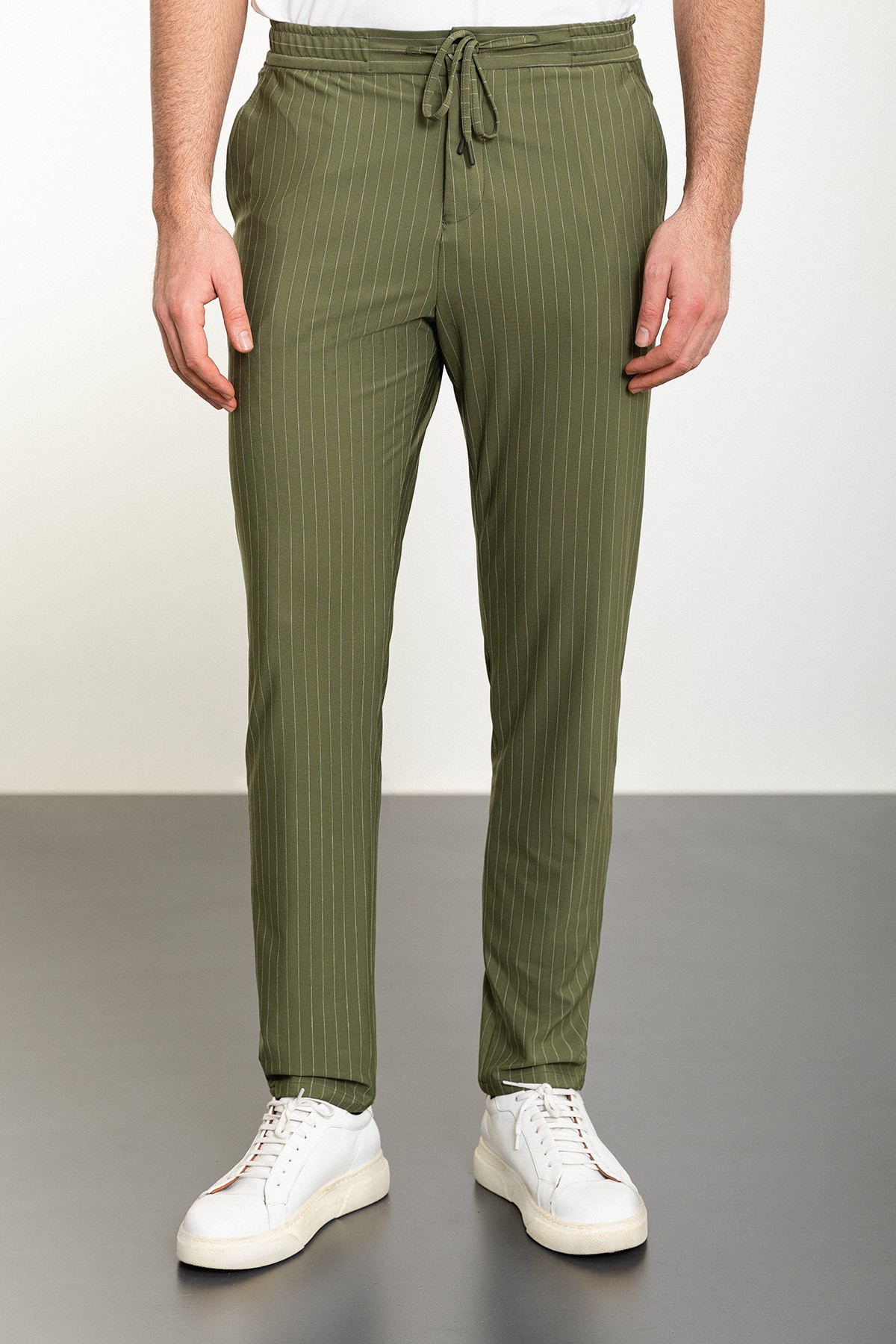 Çizgili Super Slim Fit Beli Lastikli İpli Erkek Pantolon - Haki